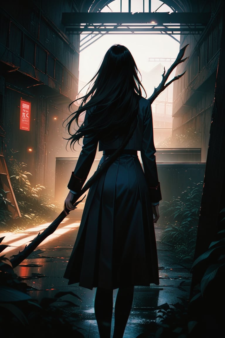 professional masterpiece, 8k, back view,1 girl , solo,hong kong school uniform, She brandishes her long stick ready for battle,The tip of the long stick flashed with black flames,There is a black flame on the tip of the long stick,The dark surroundings accentuate the eerie ambiance, moody misty atmospherics,photorealistichighres, best quality, dramatic, cinematic, epic, pantone analogue style, (concept art, digital art, realistic, dynamic, (curvilinear perspective), high view angle, establishing shot, low depth of field, tilt shift, iris blur, bokeh, sharp clarity, fine intricate details, great lighting, warm dappled soft lighting, volumetric lighting, detailed highlights, rim lighting, low-key,completely dark warehouse
,long hair ,perfect body,grace,Only the back is seen,cyberpunk,
professional masterpiece, 8k, moody misty atmospherics, highres, best quality, dramatic, cinematic, epic, pantone analogue style, (concept art, digital art, realistic, dynamic, (curvilinear perspective), establishing shot, low depth of field, tilt shift, iris blur, bokeh, sharp clarity, fine intricate details, great lighting, warm dappled soft lighting, volumetric lighting, detailed highlights, rim lighting, low-key, long hair ,perfect body,abandoned warehouse