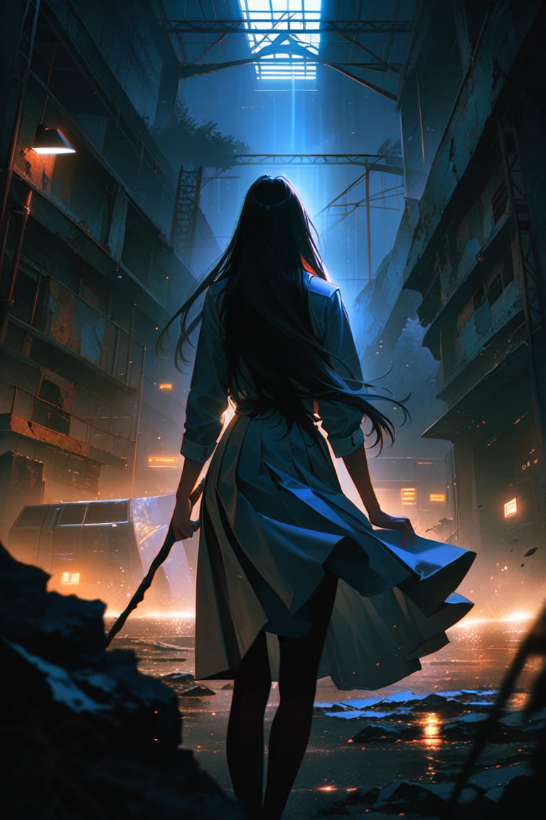 professional masterpiece, 8k, back view,1 girl , solo,hong kong school uniform, She brandishes her long stick ready for battle,The tip of the long stick flashed with black flames,There is a black flame on the tip of the long stick,The dark surroundings accentuate the eerie ambiance, moody misty atmospherics,photorealistichighres, best quality, dramatic, cinematic, epic, pantone analogue style, (concept art, digital art, realistic, dynamic, (curvilinear perspective), high view angle, establishing shot, low depth of field, tilt shift, iris blur, bokeh, sharp clarity, fine intricate details, great lighting, warm dappled soft lighting, volumetric lighting, detailed highlights, rim lighting, low-key,long hair ,perfect body,grace,Only the back is seen,cyberpunk,
professional masterpiece, 8k, moody misty atmospherics, highres, best quality, dramatic, cinematic, epic, pantone analogue style, (concept art, digital art, realistic, dynamic, (curvilinear perspective), establishing shot, low depth of field, tilt shift, iris blur, bokeh, sharp clarity, fine intricate details, great lighting, warm dappled soft lighting, volumetric lighting, detailed highlights, rim lighting, low-key, long hair ,perfect body,abandoned warehouse