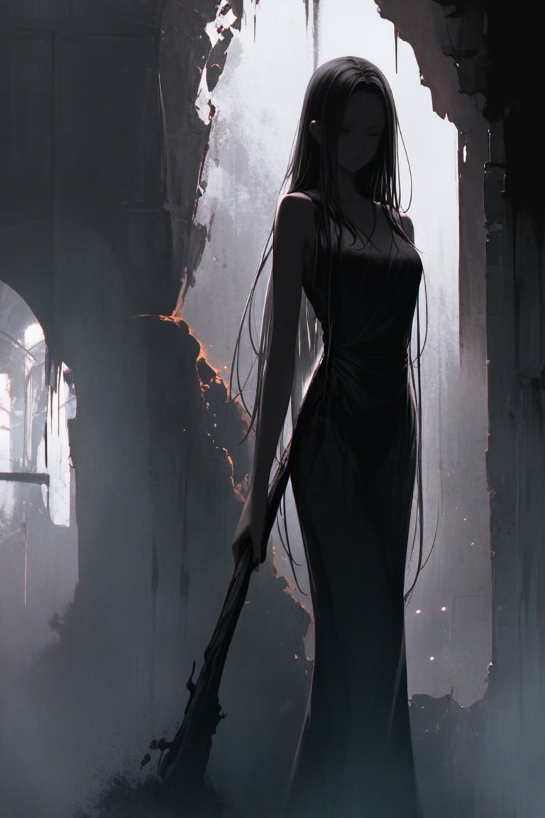 A dimly lit underground warehouse serves as the eerie backdrop for this enigmatic scene. A woman, draped in a Hong Kong school uniform, emerges from the shadows, her long hair cascading down her back like a dark waterfall. The camera captures only her rear view, leaving the viewer's imagination to fill in the rest of her features. Her slender figure is poised elegantly, as if awaiting an unseen adversary. In her hand, she grasps a long stick wrapped in black flames that seem to pulse with an otherworldly energy, casting an ominous glow on the dark surroundings.