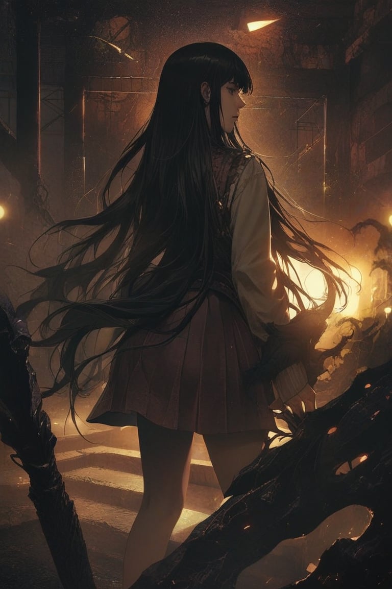 professional masterpiece, 8k, back view,1 girl , solo,hong kong school uniform, She brandishes her spear ready for battle,The tip of the spear flashed with black flames,There is a black flame on the tip of the spear,The dark surroundings accentuate the eerie ambiance, moody misty atmospherics, highres, best quality, dramatic, cinematic, epic, pantone analogue style, (concept art, digital art, realistic, dynamic, (curvilinear perspective), high view angle, establishing shot, low depth of field, tilt shift, iris blur, bokeh, sharp clarity, fine intricate details, great lighting, warm dappled soft lighting, volumetric lighting, detailed highlights, rim lighting, low-key,completely dark warehouse
,long hair ,perfect body,grace,frames in back colors 