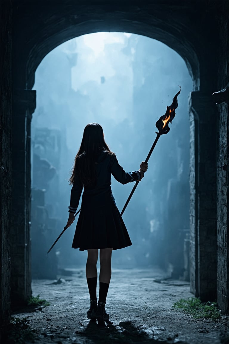 professional masterpiece, 8k, back view,1 girl , solo,hong kong school uniform, She brandishes her spear ready for battle,The tip of the spear flashed with black flames,There is a black flame on the tip of the spear,The dark surroundings accentuate the eerie ambiance, moody misty atmospherics, highres, best quality, dramatic, cinematic, epic, pantone analogue style, (concept art, digital art, realistic, dynamic, (curvilinear perspective), high view angle, establishing shot, low depth of field, tilt shift, iris blur, bokeh, sharp clarity, fine intricate details, great lighting, warm dappled soft lighting, volumetric lighting, detailed highlights, rim lighting, low-key,dark basement,long hair ,perfect body
