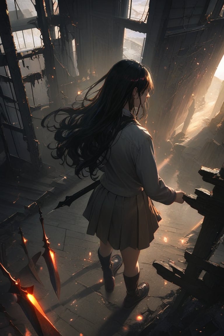 professional masterpiece, 8k, back view,1 girl , solo,hong kong school uniform, She brandishes her spear ready for battle,The tip of the spear flashed with black flames,There is a black flame on the tip of the spear,The dark surroundings accentuate the eerie ambiance, moody misty atmospherics, highres, best quality, dramatic, cinematic, epic, pantone analogue style, (concept art, digital art, realistic, dynamic, (curvilinear perspective), high view angle, establishing shot, low depth of field, tilt shift, iris blur, bokeh, sharp clarity, fine intricate details, great lighting, warm dappled soft lighting, volumetric lighting, detailed highlights, rim lighting, low-key,completely dark warehouse
,long hair ,perfect body,grace,frames in back colors 