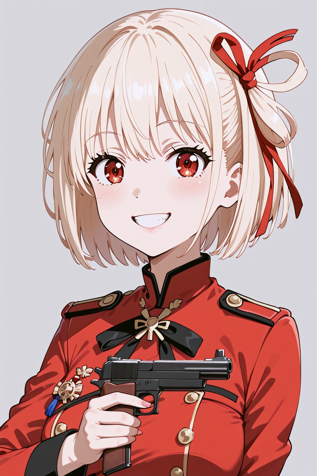 1girl, red uniform, short hair, light blonde hair, red eyes, red ribbon on her head,  using gun,,nishikigi chisato
smile, 