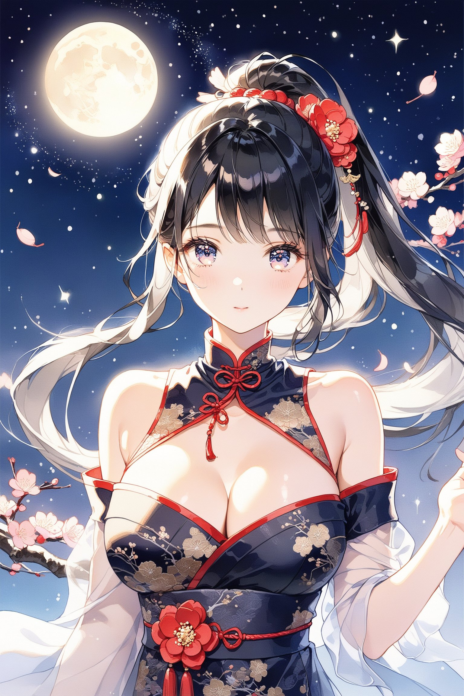 A black-haired beautiful girl stands under the night sky, with a background of countless stars and a faintly visible Milky Way. She is dressed in an exquisite qipao, embroidered with delicate plum blossom patterns, blending classical and modern beauty. The qipao's fitted design perfectly outlines her graceful figure, with the hem gently fluttering in the breeze. Her black hair sways softly with the wind, shimmering gently under the moonlight.  
She looks at viewers, her eyes filled with longing and thoughts of love. The entire scene is imbued with the romantic atmosphere of the Qixi Festival, highlighting the girl's elegance and tenderness.

bare_shoulder
cleavage
big_breast

high_ponytail
portrait

4k, masterpiece, best quality, ultra detailed, esthetic