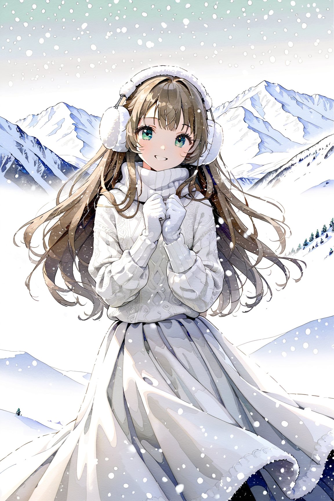 Solo girl, shoulder-length straight hair, chestnut hair, natural skin, green eyes, warm smile, wearing white turtleneck sweater, light gray wool scarf, fluffy earmuffs, fluffy gloves, long skirt

background is soft dreamy colors 
snow-covered mountains
8k, high quality, masterpiece, aesthetic, ultra detailed.

snow background

