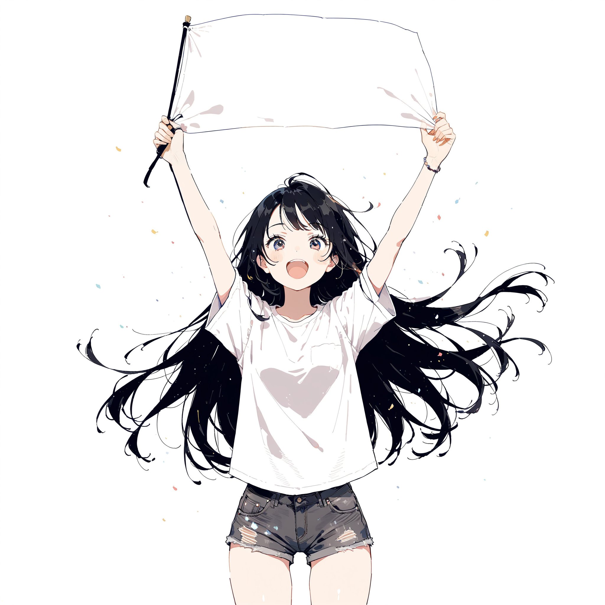 solo, a girl standing, viewed from the front, holding up a big blank banner. The banner is held up straight and clearly visible. 
The girl has long black hair, wearing a plain white t-shirt and denim shorts. 

enthusiastically cheering, full of passion and excitement. 

simple warm color background

4k, masterpiece , high quality, ultra detailed, aesthetic