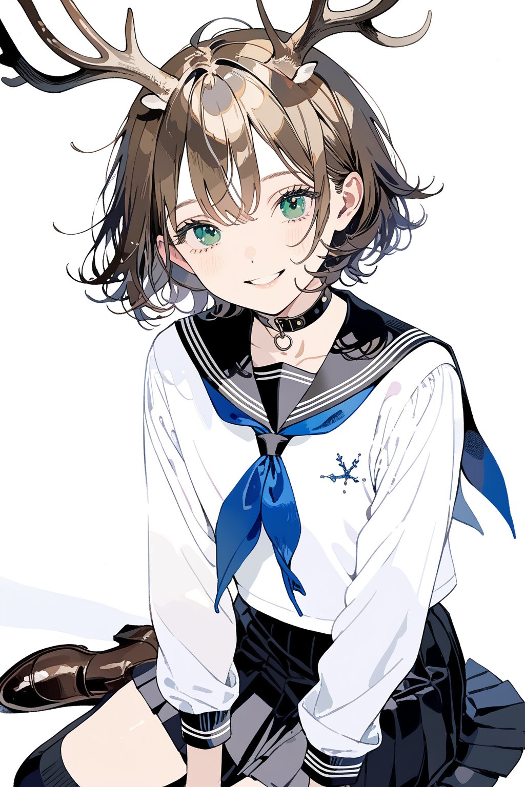 solo, girl, brown hair, short hair, hair intakes, hair between eyes, green eyes, smile, deer antlers, horns, serafuku, black sailor collar, blue neckerchief, white shirt, long sleeve, black skirt, white socks, brown footwear
portrait
4k, masterpiece, high quality, ultra detailed, masterpiece