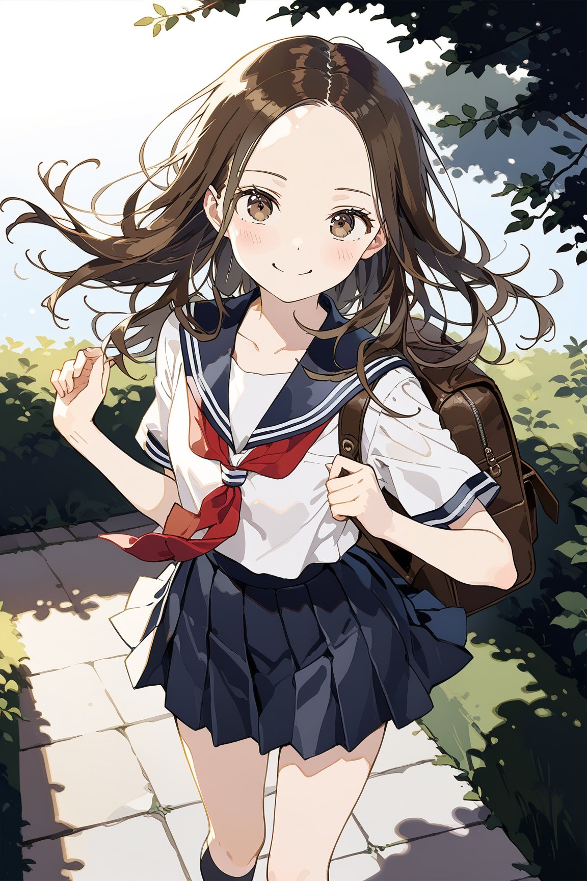 1girl, solo, long hair, brown hair, parted bangs, forehead, brown pupils, collarbone, serafuku, sailor collar, red neckerchief, white shirt, short sleeves, pleated skirt, blue skirt, black ankle socks, leather shoes, brown student backpack

school campus, standing, breeze, hair floating, smile at viewers, blush

4k, masterpiece, high quality, ultra detailed, aesthetic
