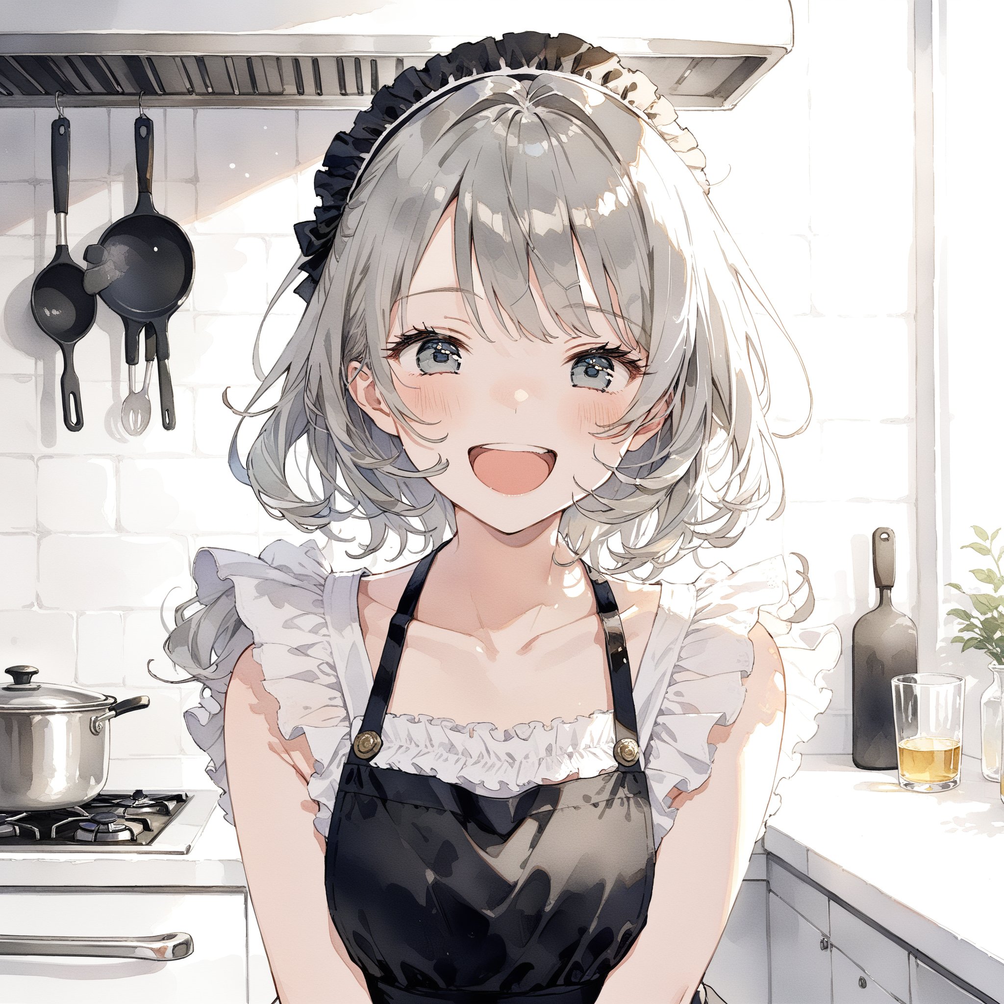 1girl, solo, bishoujo
grey_hair

laughing
eyes_closed
4k, masterpiece, high quality, ultra detailed, aesthetic
upper_body

apron

kitchen_background