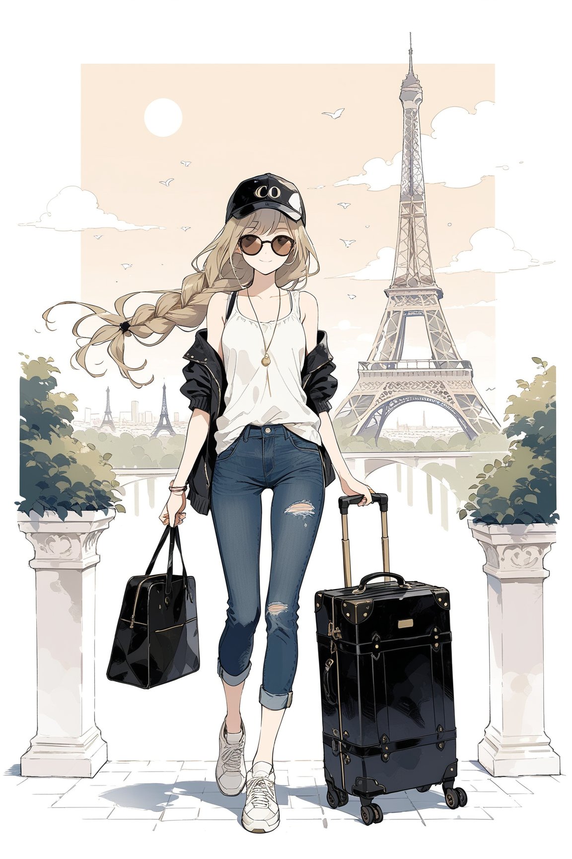 Solo, girl, 
long hair, braid, golden color

Fashion Urban Style:

Top: A stylish short-sleeve shirt or a light sleeveless top, paired with a lightweight jacket or cardigan.
Bottom: Slim-fit jeans or casual trousers, with trendy sneakers or flats.
Accessories: A large capacity tote bag, with sunglasses and a cap for a fashionable touch.



pulling a suitcase
relaxed and happy travel mood

Paris background, Eiffel Tower

4k, masterpiece , high quality, ultra detailed, aesthetic