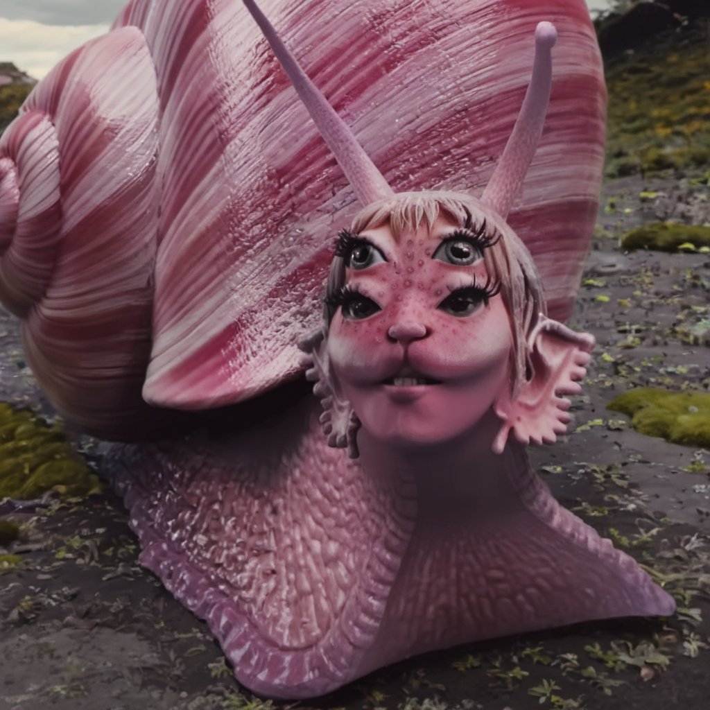 a woman, snail, pink skin, Four eyed