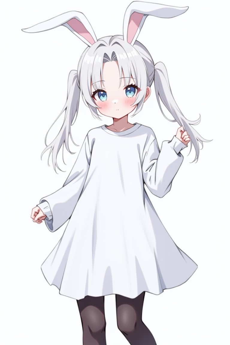 1girl, twintails, white hair, blue eyes, 13yo and 120cm, bunny suit with dark black pantyhose, (parted bangs:1.6), (forehead:1.8), 