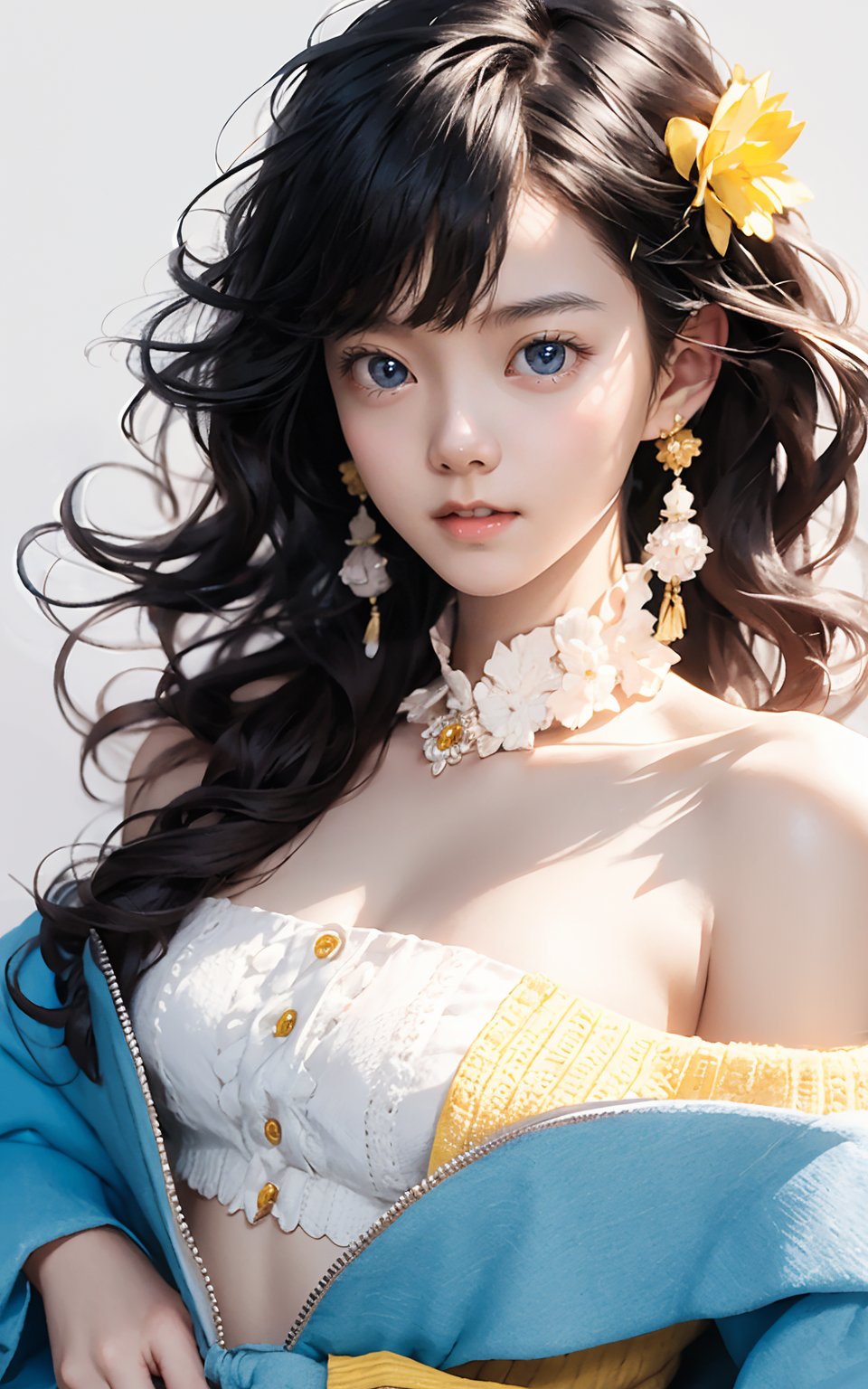 Masterpiece, best quality, official art, highly realistic, (masterpiece), (best quality), (1 girl), black big eyes, bangs, (powder blusher), shoulder length hair, yellow hair, flower hair clips, (blue sweater, shirt collar), small chest, pink shoulder bag, Upper body close-up with white background,Daofa Rune,Fashion Style, 