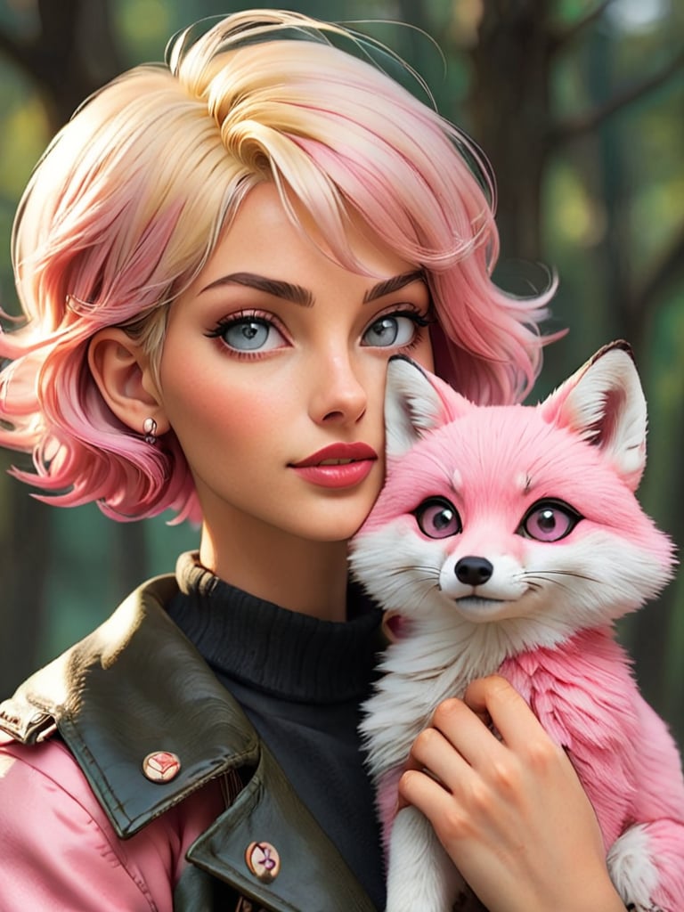 short hair blond woman holding a pink fox