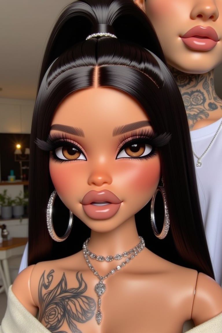 1girl, jewelry, 1boy, earrings, tattoo, black hair, brown eyes, looking at viewer, hoop earrings, parted lips