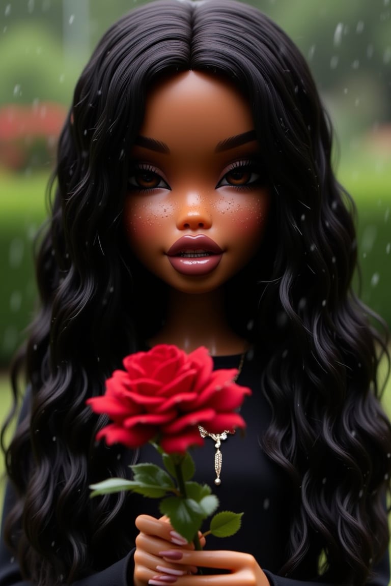 1girl, solo, long hair, brown eyes, black hair, flower, dark-skinned female, dark skin, freckles, rain