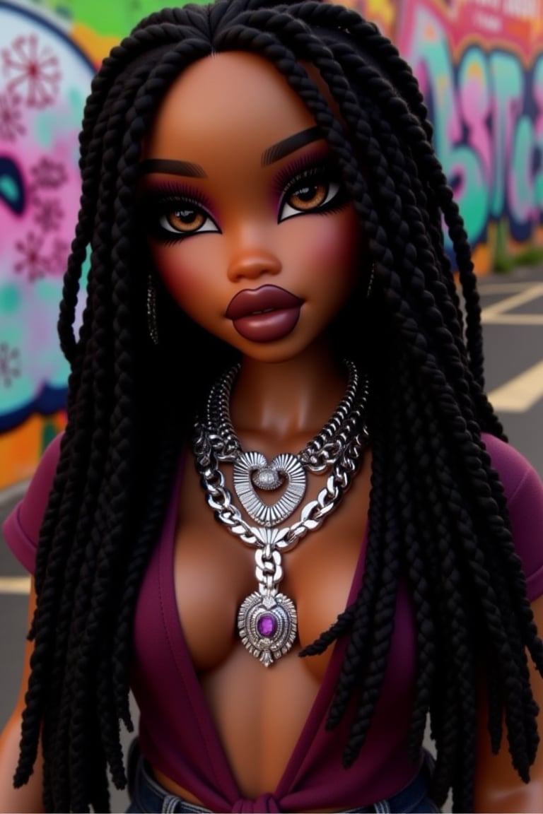 dark skin, dark-skinned female, 1girl, jewelry, black hair, graffiti, dreadlocks, long hair, necklace, solo