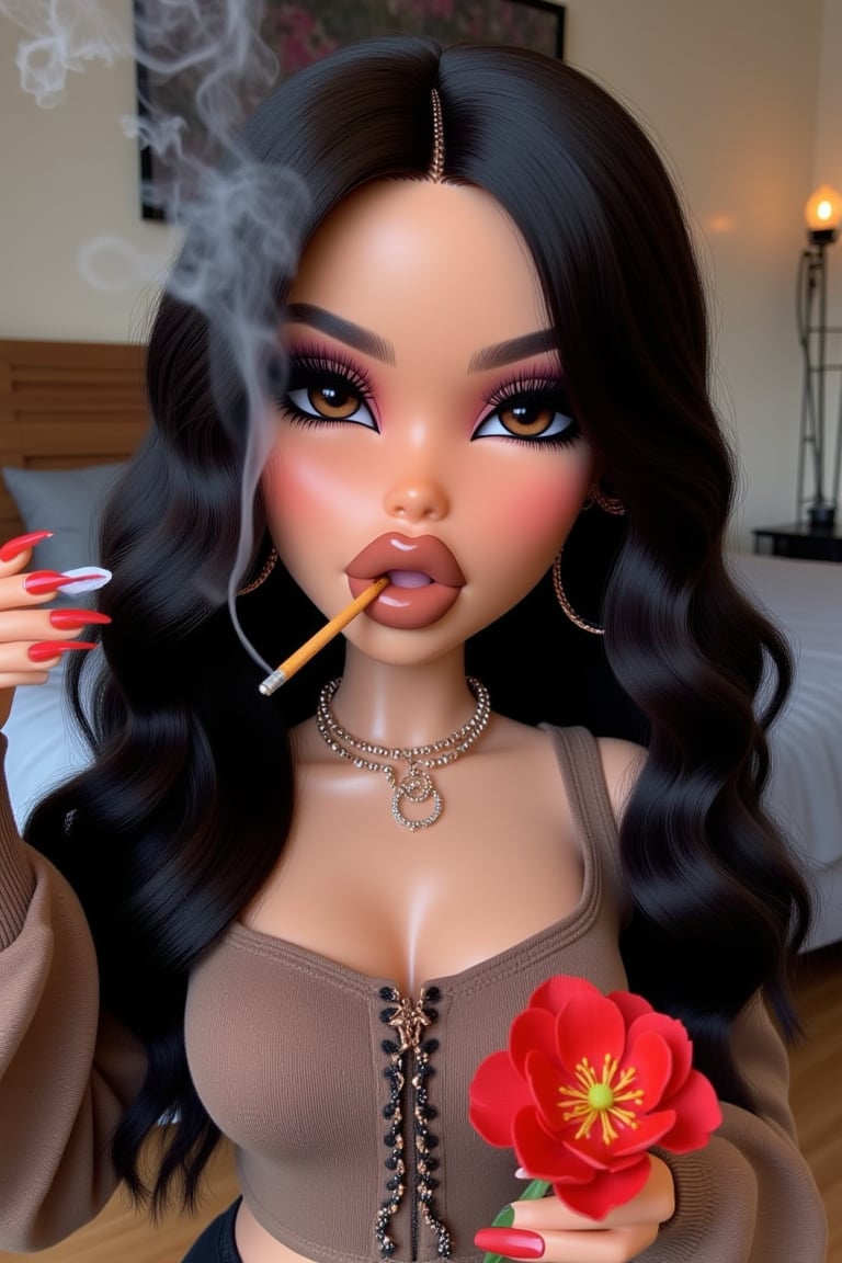 1girl, solo, flower, smoking, brown eyes, cigarette, jewelry, black hair, makeup, smoke