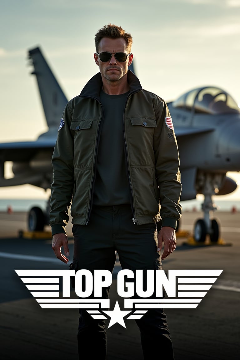 At the bottom center of the poster, Top Gun Maverick appears in large white letters. Maverick, wearing sunglasses and ready for battle, stands in front of an F14 Tomcat parked on an aircraft carrier. Ultra HD, UHD, 8K, cinematic lighting, photorealistic. Hyper realistic and dramatic lighting.