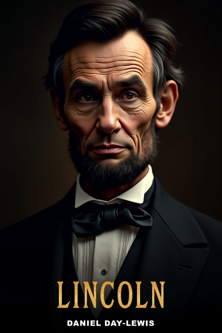 The upper body of a young Lincoln from the movie Lincoln. He is wearing a tuxedo and bow tie. The facial details are amazing. (((The bottom of the poster says LINCOLN in bold gold font. Below that, in slightly smaller white font, it says DANIEL DAY-LEWIS.))) HDR, ultra-high resolution, photo-realistic. Close-up shot, dramatic lighting, centered composition, intense atmosphere, dark and moody colors.