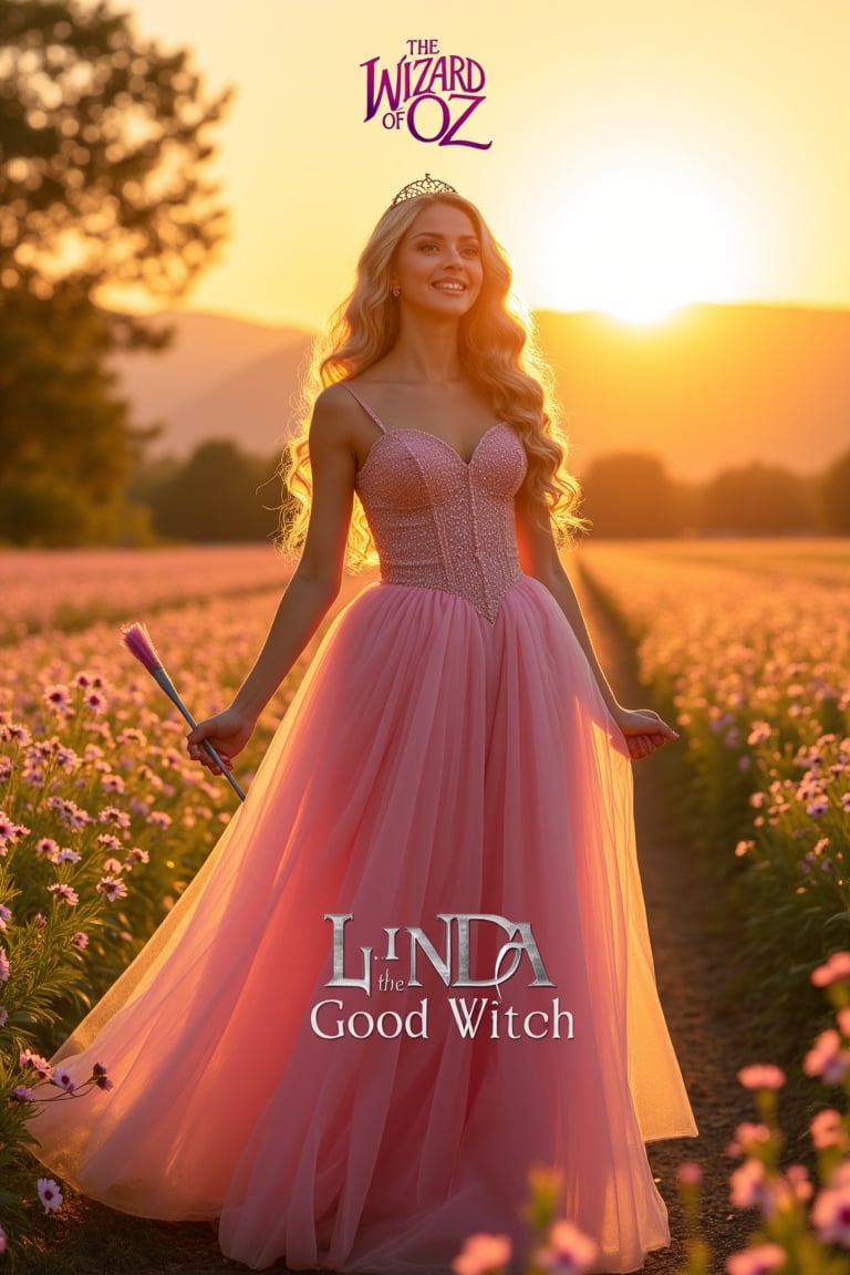 A radiant woman in a beautiful, flowing pink gown stands gracefully in a sparkling meadow of flowers. Her long, curly hair is crowned with a delicate tiara, and her gentle smile radiates kindness. A soft glow surrounds her as she holds a wand in her hand. Behind her, the sun is setting, casting a golden light across the scene. The title THE WIZARD OF OZ is prominently displayed at the top, and GLINDA THE GOOD WITCH in small, elegant white font at the bottom. HDR, photorealistic, metallic textures, cinematic.