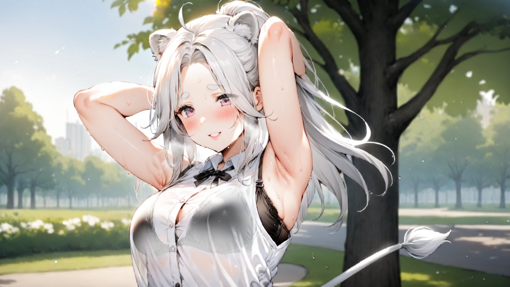 ((1girl)), eyes,round ears,lion ear,lion tail,pink lips,white hair,white tail,white ears, parted side bangs,ahoge,show forehead, long hair ,masterpiece quality,white eyebrows,Thick eyebrows,
,white ponytail,,white shirt,black skirt,Wearing vest wearing skirt,white vest,black skirt ,
large sweaty ,smile,Translucent black bra

 ,

park background,pucker lips , upper body,
sunny,standing ,shy ,blush,sun,tree 

,raise army,show armpit
