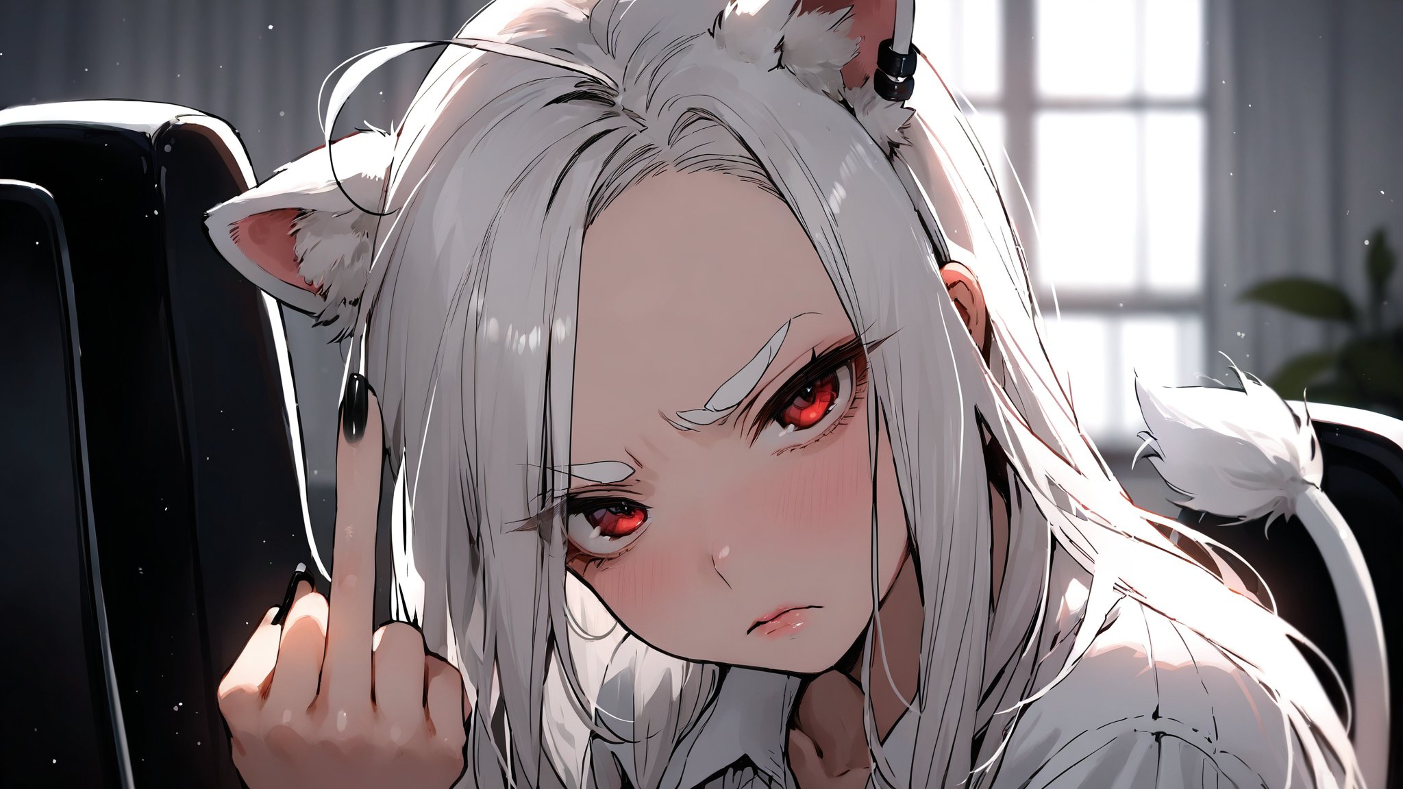 ((1girl)),red eyes,round ears,lion ear,lion tail,pink lips,white hair,white tail,white ears, parted side bangs,ahoge,show forehead,long hair ,masterpiece quality,black neck belt,white eyebrows,Thick eyebrows,
,white ponytail,,white shirt,show shoulder,Wearing shirt,

in a bad mood ,double middle finger,make fist ,straighten middle finger,looking viewer,close-up,black nails

bedroom ,window background,Disdainful lips , upper body,Disdainful mouth,disdain mouth,, 
sitting on office chair,grim expression,squint eyes,

Eyes narrowed likes lines
