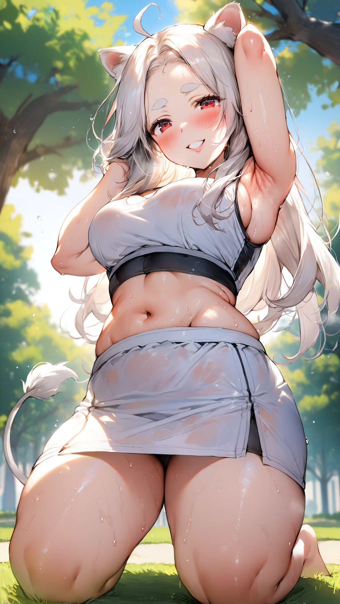 ((1girl)), red eyes,round ears,lion ear,lion tail,pink lips,white hair,white tail,white ears, parted side bangs,ahoge,show forehead, long hair ,masterpiece quality,white eyebrows,Thick eyebrows,smile

,,,white sport vest,white skirt,Wearing sport vest ,wearing skirt, ,
large sweaty ,smile,

 ,

park background,pucker lips , cowboy shot,
sunny,kneeling on carpet ,shy ,blush,sun,tree ,visible black sport bra,underwear,sod

,raise aside army,show armpit,cowboy shot,from below
,Put hand on hips,hair covering ears,