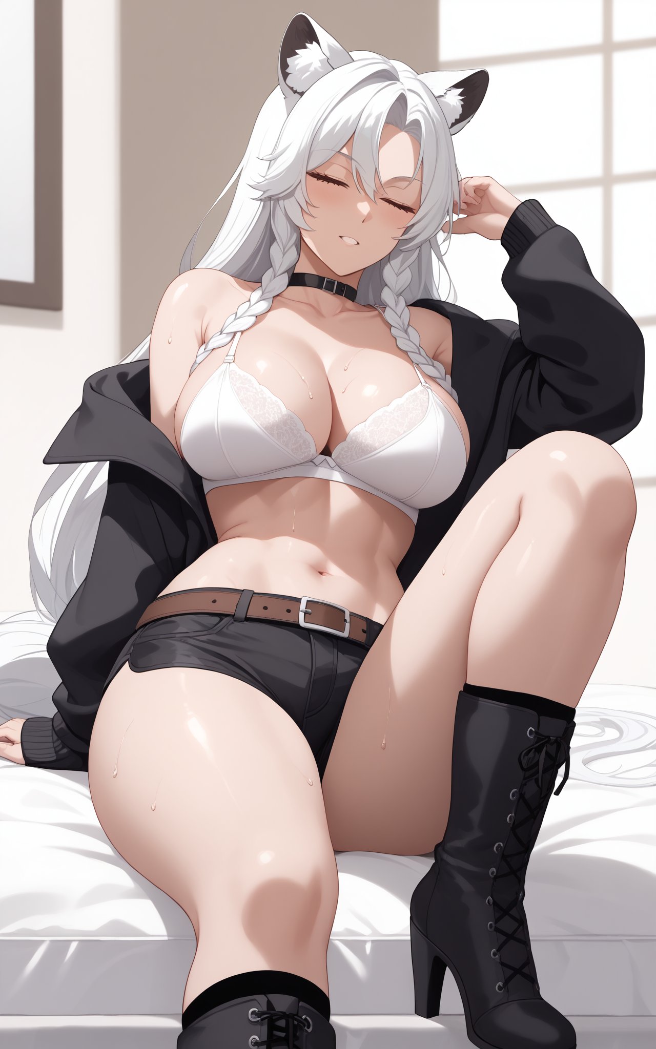 1girl, solo, long hair, looking at the audience, bangs, red eyes, bare shoulders, collarbone, upper body, braids, ahoge,sliver white hair, parted lips, collar, choker, animal ear hair, parted bangs, single Braids, black choker, thick eyebrows, black collar, white eyebrows, long hair, big breasts, big breasts, exposed navel, cleavage,
Long socks, long sleeves, midriff exposed, extra long hair, underwear, briefs, jacket, tail, thighs, boots, cardigan, shorts, mid-rise, belt, black high socks, tummy control, black footwear, High heels, cardigan, black jacket, crop top, shorts, boots, high socks, garters, black shorts, knee-high boots, single high socks, high heel boots, high briefs, stockings, Leopard print shoulders, long hair, collarbone, braids, white hair, cardigan, off the shoulders, belly, coat, fur trim, cardigan, black coat, round lion ears,white bra


bedroom,hand between legs,,, eyes closed,
full body sweaty,blush, puzzled, Incontinence