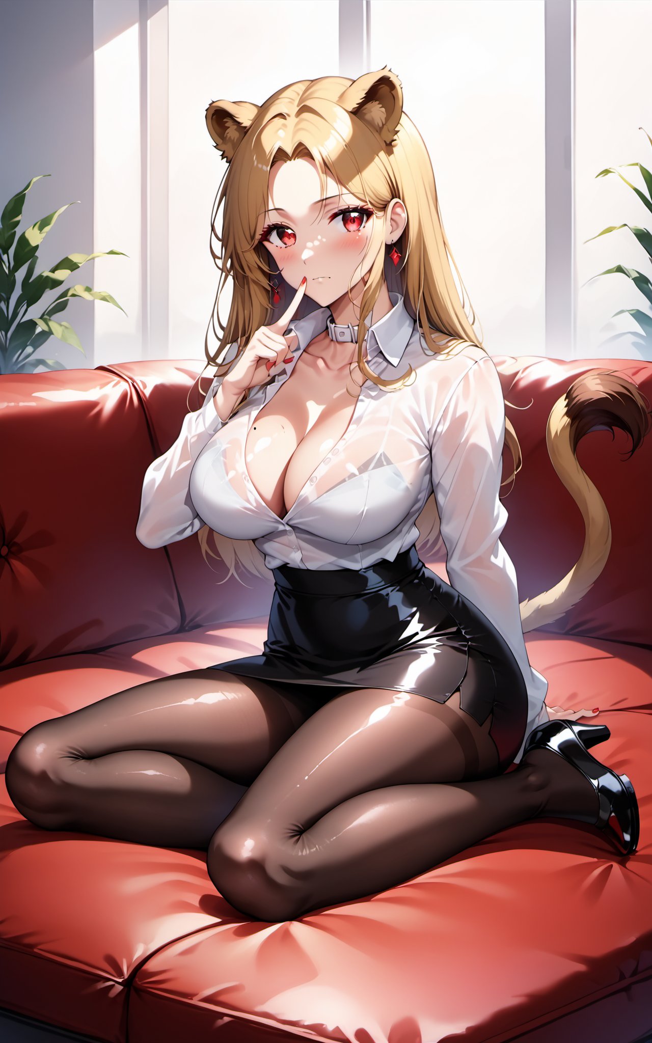 1girl, solo, long hair, looking at viewer, bangs, blond hair, red eyes, animal ears, jewelry, closed mouth, earrings, mole, animal ear fuzz, parted bangs, mole under eye, forehead, breasts, skirt, blonde hair, big breasts, shirt, red eyes, long sleeves, animal ears, cleavage, jewelry, shut up, collarbone, tail, full body, white shirt, tights, miniskirt, black skirt, nail polish, black shoes , high heels, parted bangs, black pantyhose, red nails, forehead, pencil skirt, high waist skirt, arms at sides, white collar girl, lion ears, lion tail, lion girl, skirt, long sleeves, tail, black skirt, black footwear, legs, black pantyhose,oval face

full body,bedroom,whole body,
See-through clothing,sitting on sofa,sofa
blush,Index Finger on mouth,index fonger perpendicular