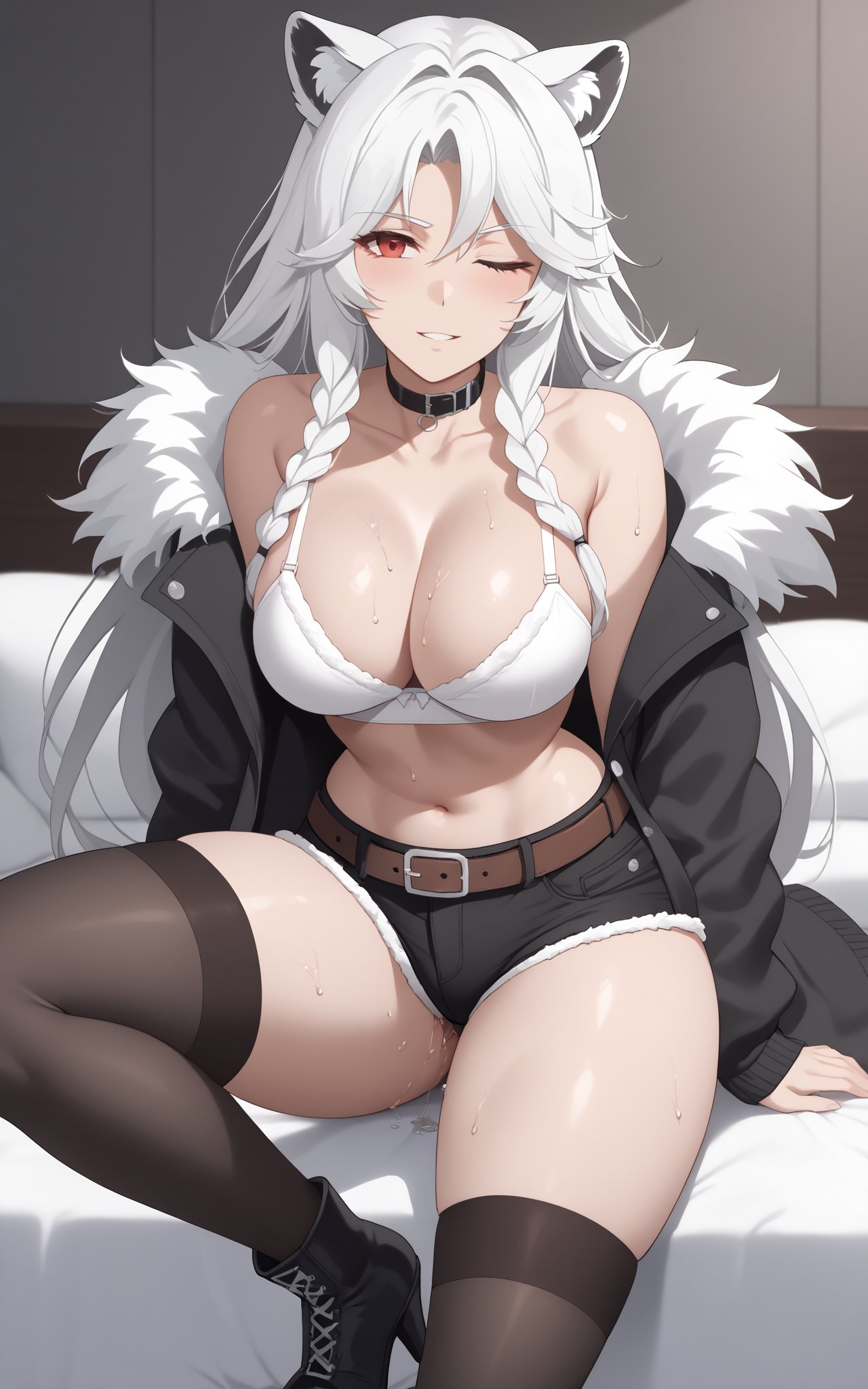 1girl, solo, long hair, looking at the audience, bangs, red eyes, bare shoulders, collarbone, upper body, braids, ahoge,sliver white hair, parted lips, collar, choker, animal ear hair, parted bangs, single Braids, black choker, thick eyebrows, black collar, white eyebrows, long hair, big breasts, big breasts, exposed navel, cleavage,
Long socks, long sleeves, midriff exposed, extra long hair, underwear, briefs, jacket, tail, thighs, boots, cardigan, shorts, mid-rise, belt, black high socks, tummy control, black footwear, High heels, cardigan, black jacket, crop top, shorts, boots, high socks, garters, black shorts, knee-high boots, single high socks, high heel boots, high briefs, stockings, Leopard print shoulders, long hair, collarbone, braids, white hair, cardigan, off the shoulders, belly, coat, fur trim, cardigan, black coat, round lion ears,white bra


bedroom,legs crossed,one eye closed,clothes pull,,
sweat,blush, tired, secretions liquid,wariza,