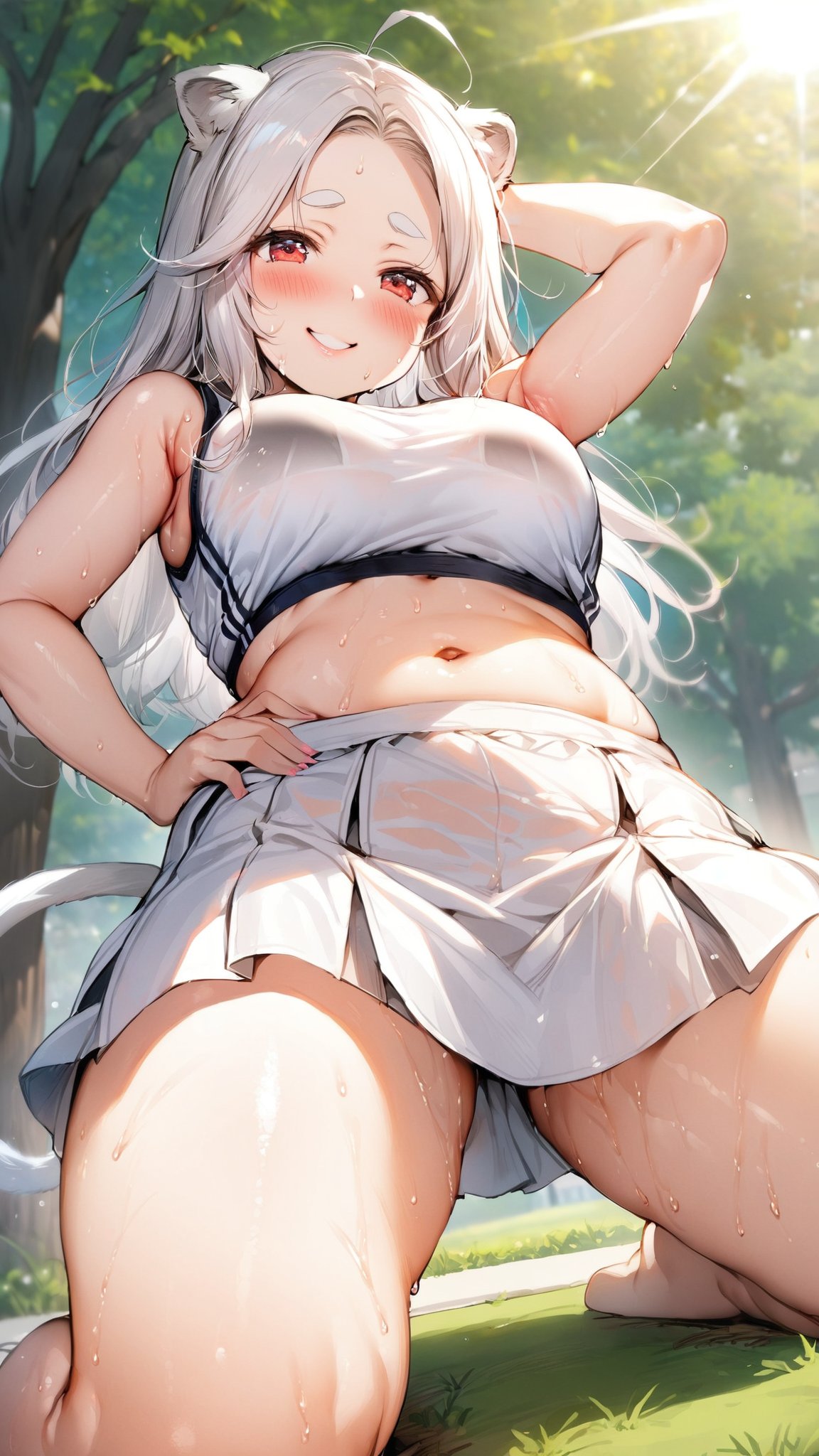 ((1girl)), red eyes,round ears,lion ear,lion tail,pink lips,white hair,white tail,white ears, parted side bangs,ahoge,show forehead, long hair ,masterpiece quality,white eyebrows,Thick eyebrows,smile

,,,white sport vest,white skirt,Wearing sport vest ,wearing skirt, ,
large sweaty ,smile,

 ,

park background,pucker lips , cowboy shot,
sunny,kneeling on carpet ,shy ,blush,sun,tree ,visible black sport bra,underwear,sod

,raise aside army,show armpit,cowboy shot,from below
,Put hand on hips,hair covering ears,