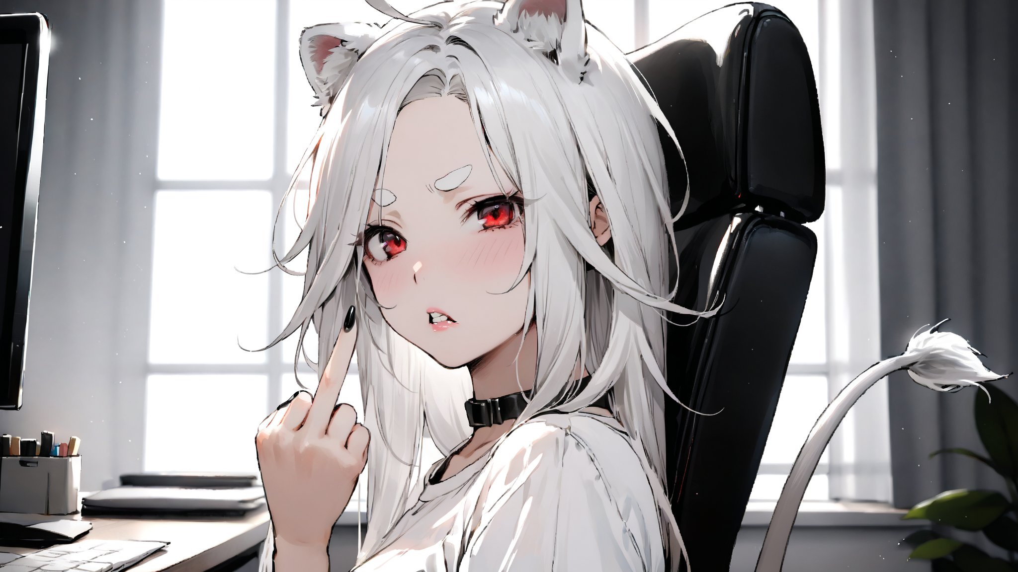 ((1girl)),red eyes,round ears,lion ear,lion tail,pink lips,white hair,white tail,white ears, parted side bangs,ahoge,show forehead, long hair ,masterpiece quality,black neck belt,white eyebrows,Thick eyebrows,
,white ponytail,,white shirt,black skirt,show shoulder,Wearing shirt,wearing skirt,

in a bad mood , middle finger,make fist ,straighten middle finger,looking viewer,close-up,black nails

bedroom ,window background,Disdainful lips , upper body,Disdainful mouth,Show teeth,mouth corner open, 
sitting on office chair,grim expression,squint eyes,

Eyes narrowed likes lines
