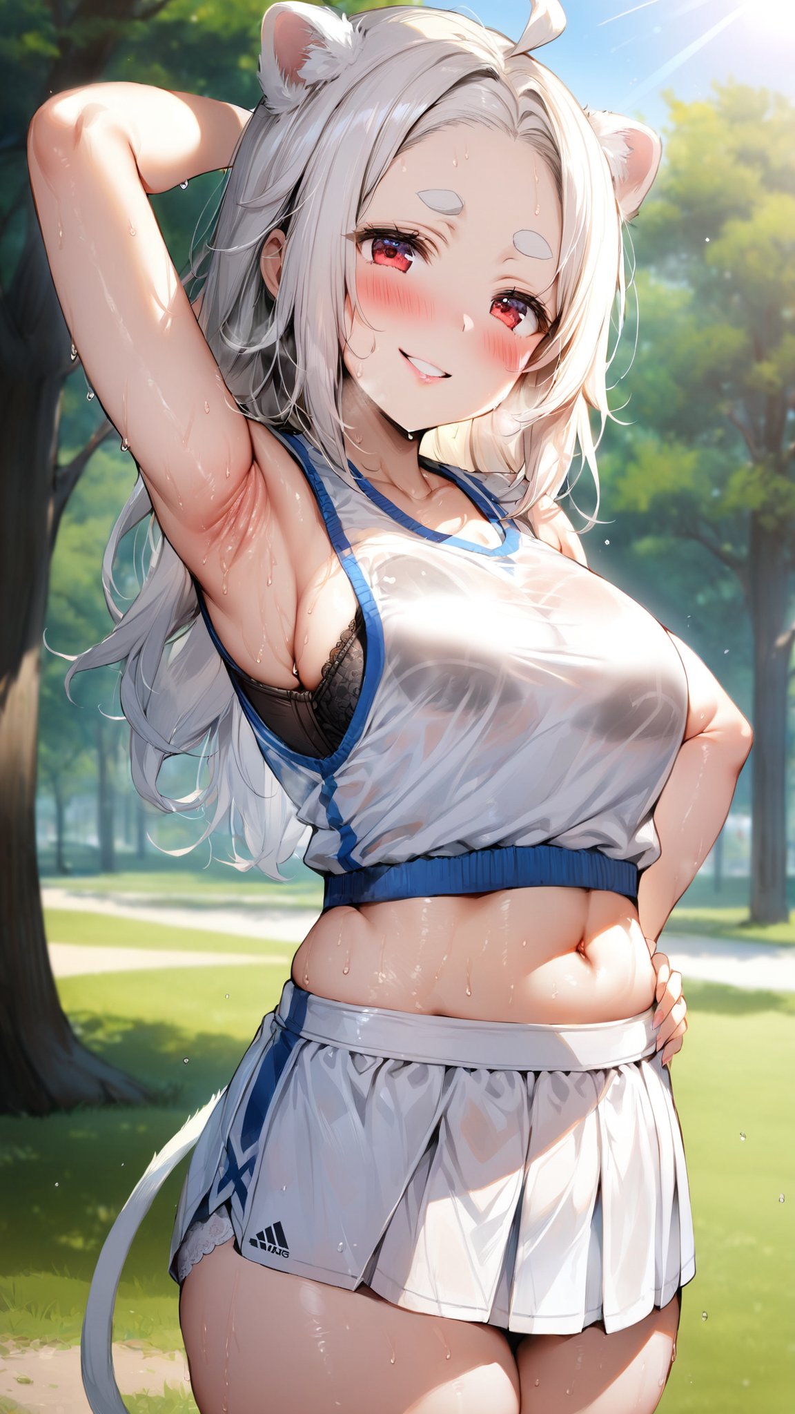 ((1girl)), red eyes,round ears,lion ear,lion tail,pink lips,white hair,white tail,white ears, parted side bangs,ahoge,show forehead, long hair ,masterpiece quality,white eyebrows,Thick eyebrows,smile

,,,white sport vest,white skirt,Wearing sport vest ,wearing skirt, ,
large sweaty ,smile,black Safety knickers,

 ,

park background,pucker lips , long shot,
sunny,standing ,shy ,blush,sun,tree ,hide human ears,visible black sport bra,white lace

,raise aside army,show armpit,cowboy shot,from below
Put hand on hips