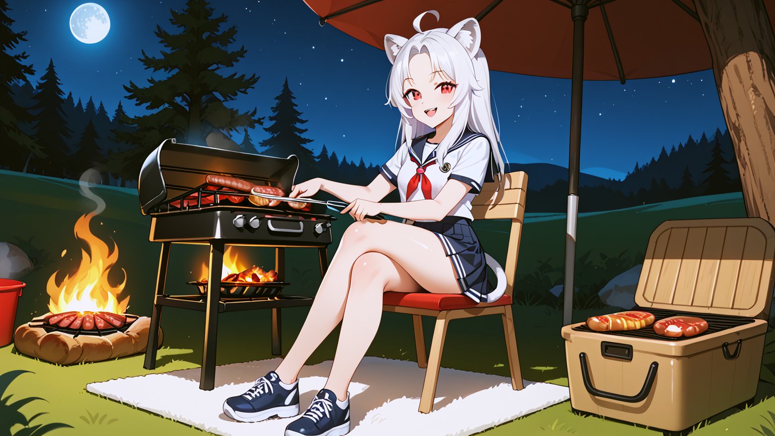 ((1girl)),red eyes,lion tail,lion ears,white hair,
forehead visible,round ears,bangs,Biting meat
sitting on chair,looking the viewer,sailor uniform 
,,moon,grassland,chair on carpet,white T-shirt
 night background,,camping, cat of near,
BBQ,smokey,eat meat,barbecue grill,ice bucket,

ahoge,  tree, chair
,ultra HD, ultra high resolution