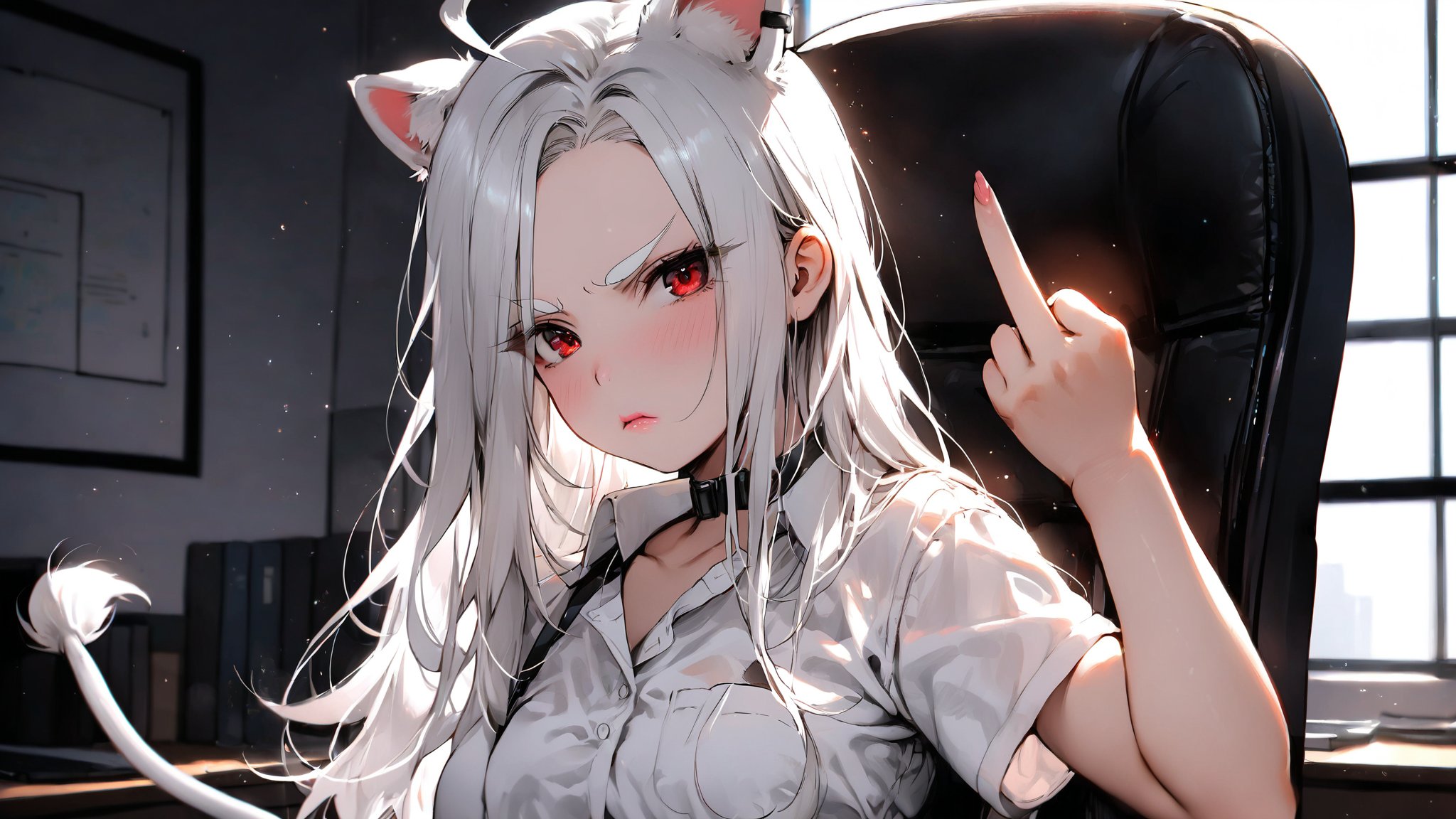 ((1girl)),red eyes,round ears,lion ear,lion tail,pink lips,white hair,white tail,white ears, parted side bangs,ahoge,show forehead, long hair ,masterpiece quality,black neck belt,white eyebrows,Thick eyebrows,
,white ponytail,,white shirt,black skirt,show shoulder,Wearing shirt,wearing skirt,

in a bad mood , middle finger,make fist ,straighten middle finger,looking viewer,

bedroom ,window background,Disdainful lips , upper body,Disdainful mouth,disdain mouth 
sitting on office chair,grim expression,squint eyes,

Eyes narrowed likes lines
