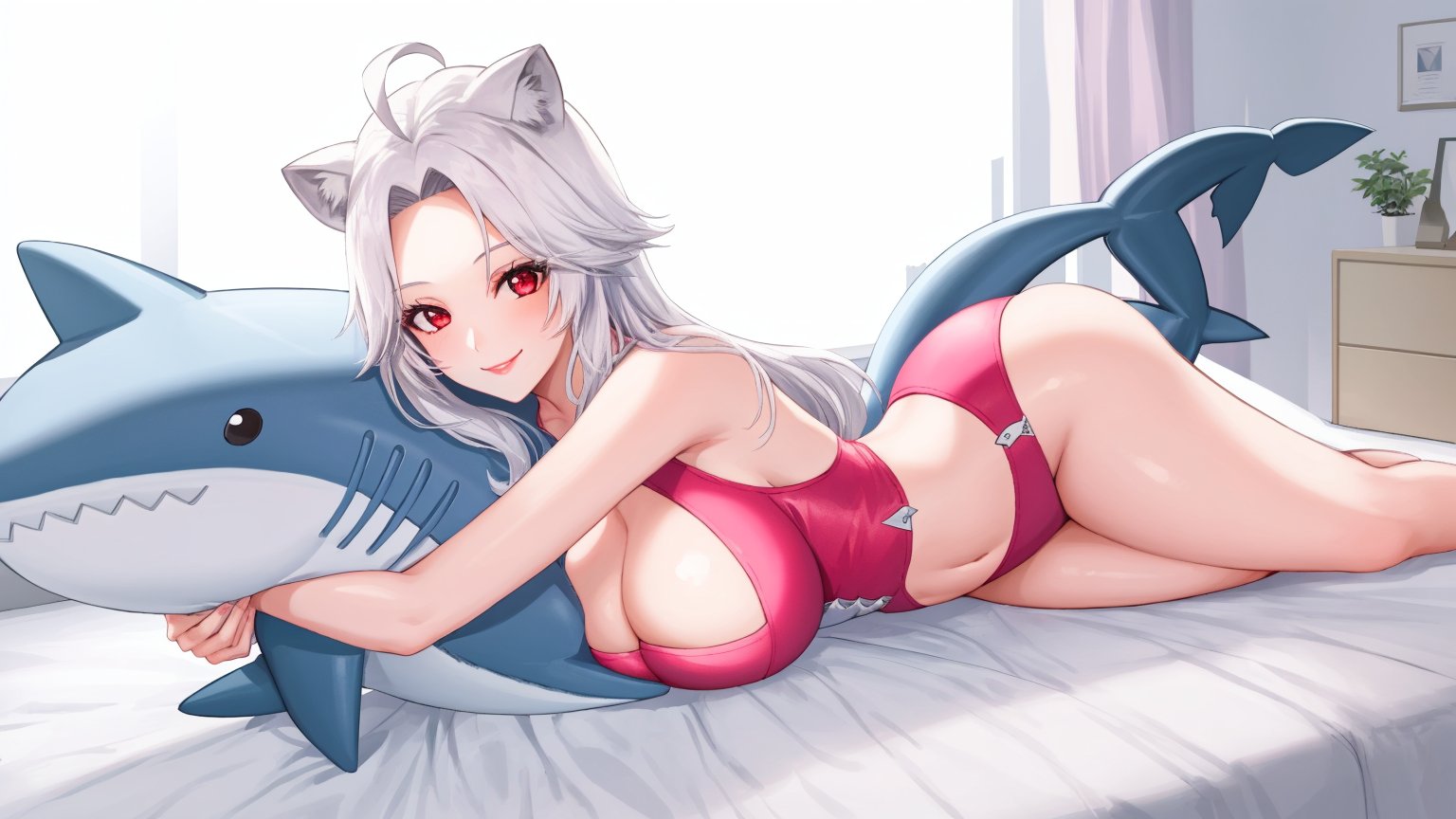 ((1girl)),smile,red eyes,round ears,lion ear,lion tail,pink lips,white hair,white tail,white ears, parted side bangs,ahoge,show forehead, long hair






,white pajamas, night light, dim background,lying,holding whole shark plush toy in the arms,,
bedroom,big breasts,bubble butt
,whole shark plush toy,