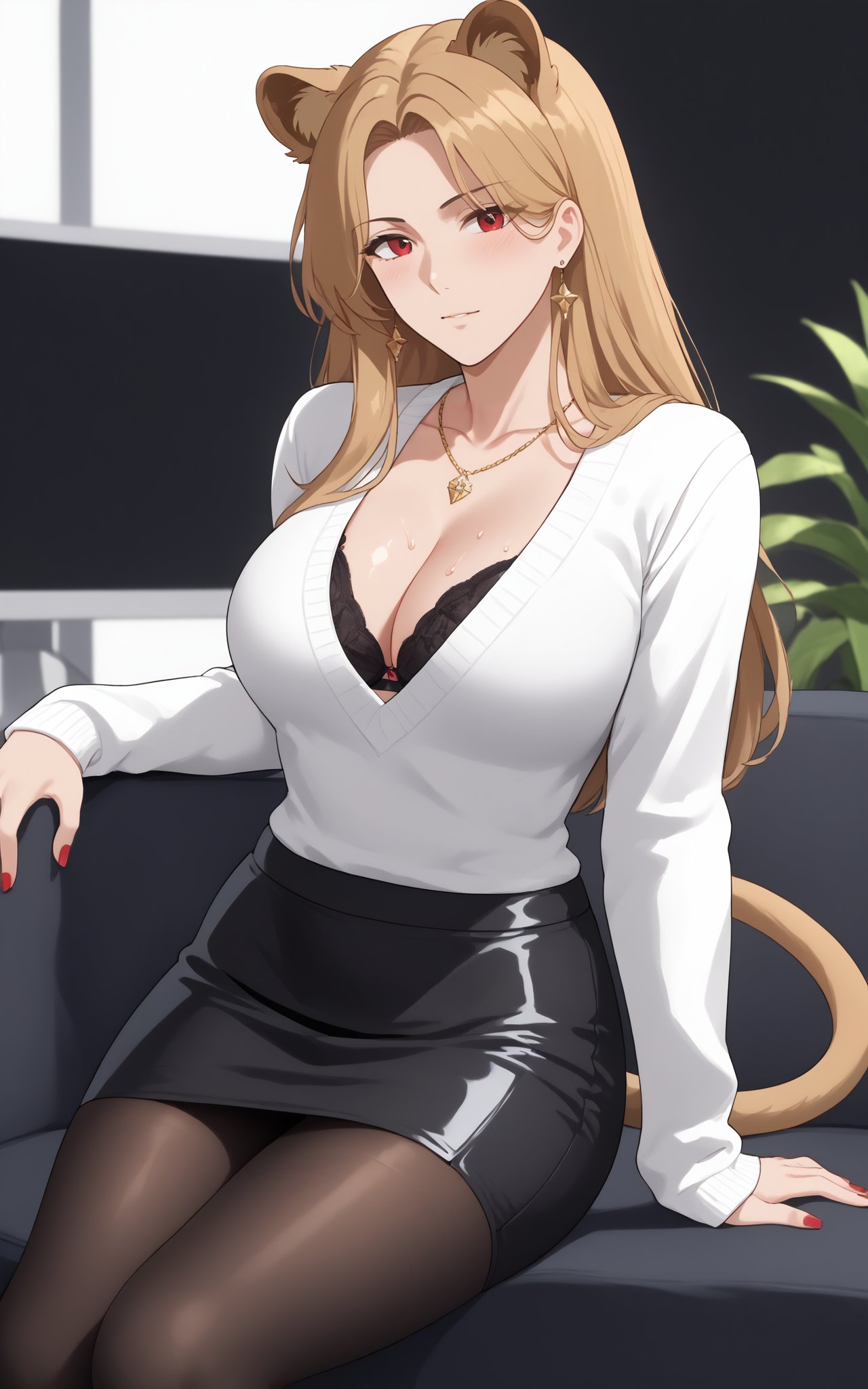 1girl, solo, long hair, looking at viewer, bangs, blond hair, red eyes, jewelry, closed mouth, earrings, mole, animal ear fuzz, parted bangs, mole under eye, portrait , forehead,Breasts, skirt, big boobs, brown hair, long sleeves, cleavage, jewelry, collarbone, black skirt, necklace, sweater, sleeves above wrist, high waisted skirt, brown skirt,white sweater,skirt, long sleeves, tail, pantyhose, miniskirt, black skirt, nail polish, black footwear, legs, black pantyhose, black background, red nails, pencil skirt, lion tail,full body ,round lion ears,

office,see-through,hand between legs,M-leg,,sitting on sofa,black bra, white underwear, blush ,tried,
effluence liquid from legs,sweat profusely,hand between legs,