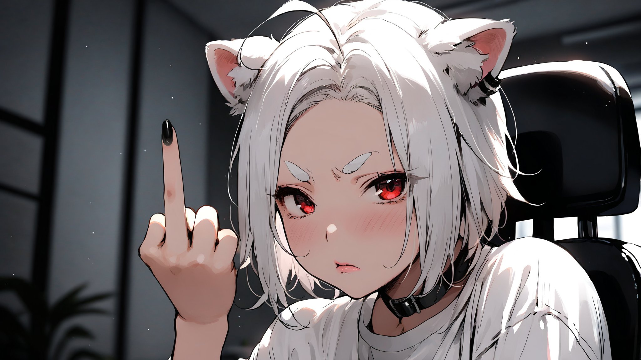 ((1girl)),red eyes,round ears,lion ear,lion tail,pink lips,white hair,white tail,white ears, parted side bangs,ahoge,show forehead,short hair ,masterpiece quality,black neck belt,white eyebrows,Thick eyebrows,
,white ponytail,,white shirt,show shoulder,Wearing shirt,

in a bad mood ,double middle finger,make fist ,straighten middle finger,looking viewer,close-up,black nails

bedroom ,window background,Disdainful lips , upper body,Disdainful mouth,disdain mouth,, 
sitting on office chair,grim expression,squint eyes,

Eyes narrowed likes lines
