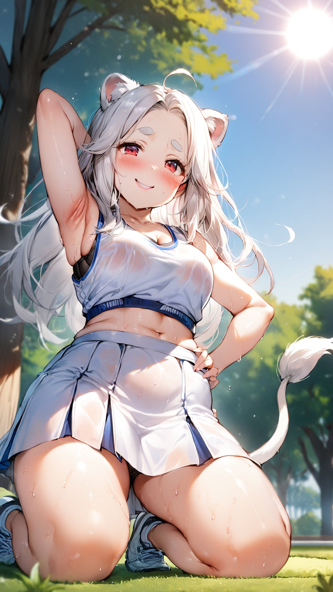 ((1girl)), red eyes,round ears,lion ear,lion tail,pink lips,white hair,white tail,white ears, parted side bangs,ahoge,show forehead, long hair ,masterpiece quality,white eyebrows,Thick eyebrows,smile

,,,white sport vest,white skirt,Wearing sport vest ,wearing skirt, ,
large sweaty ,smile,

 ,

park background,pucker lips , cowboy shot,
sunny,kneeling on carpet ,shy ,blush,sun,tree ,visible black sport bra,underwear,sod

,raise aside army,show armpit,cowboy shot,from below
,Put hand on hips,hair covering ears,