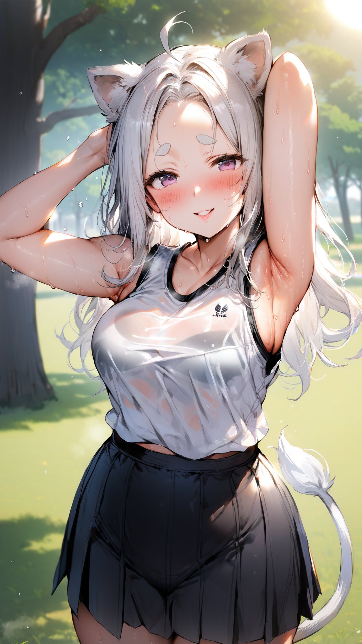 ((1girl)), eyes,round ears,lion ear,lion tail,pink lips,white hair,white tail,white ears, parted side bangs,ahoge,show forehead, long hair ,masterpiece quality,white eyebrows,Thick eyebrows,smile

,,,white sport vest,black skirt,Wearing sport vest ,wearing skirt,black skirt ,
large sweaty ,smile,Safety knickers,

 ,

park background,pucker lips , long shot,Safety knickers
sunny,standing ,shy ,blush,sun,tree ,hide human ears,
visible black sport bra,

,raise aside army,show armpit,cowboy-shot
