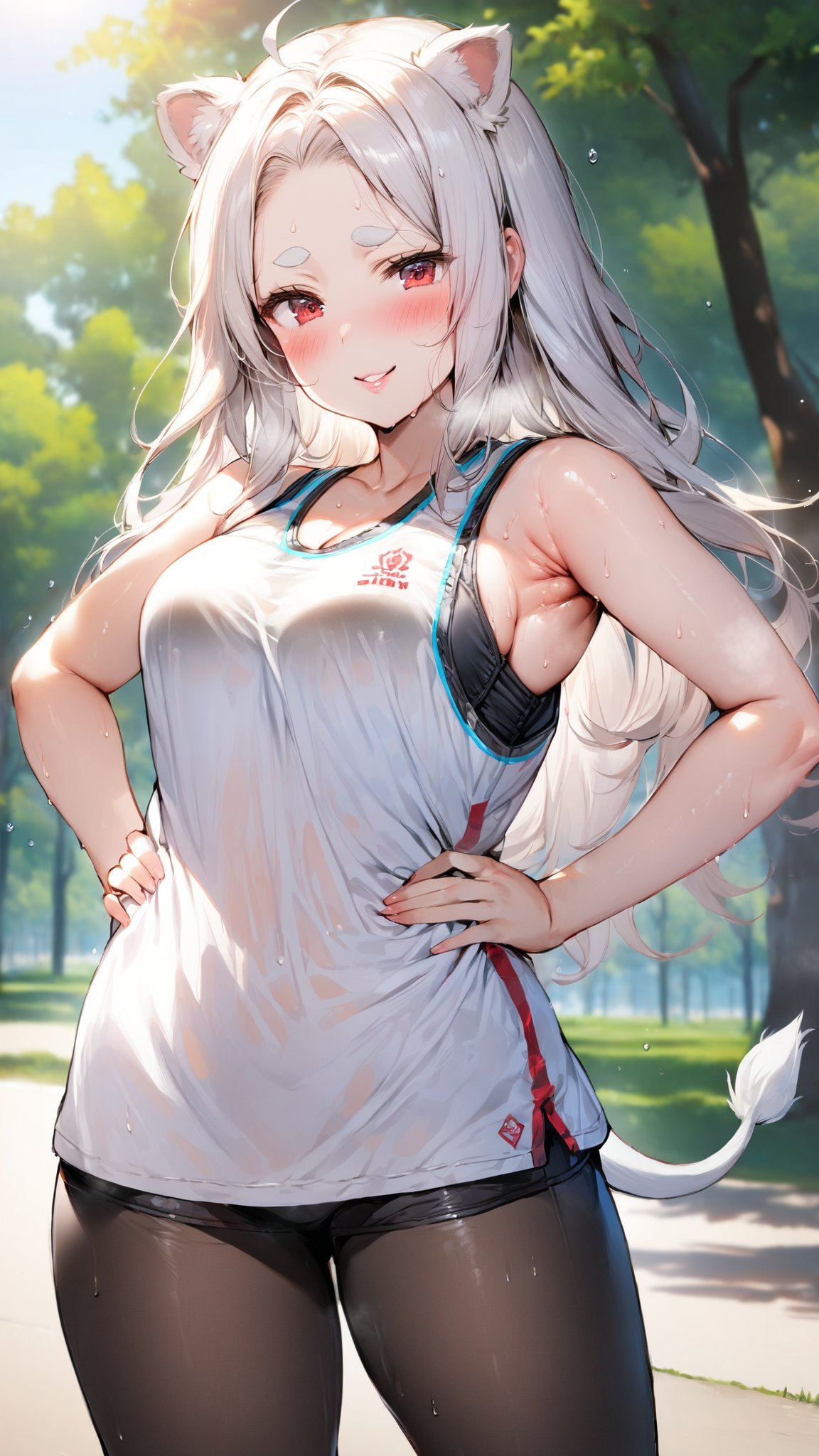 ((1girl)), red eyes,round ears,lion ear,lion tail,pink lips,white hair,white tail,white ears, parted side bangs,ahoge,show forehead, long hair ,masterpiece quality,white eyebrows,Thick eyebrows,smile

,,,white sport vest,black skirt,Wearing sport vest ,wearing skirt,black skirt ,
large sweaty ,smile,Safety knickers,

 ,

park background,pucker lips , long shot,Safety knickers
sunny,standing ,shy ,blush,sun,tree ,hide human ears,visible black sport bra,leggings shorts

,raise aside army,show armpit,cowboy-shot
Put hand on hips