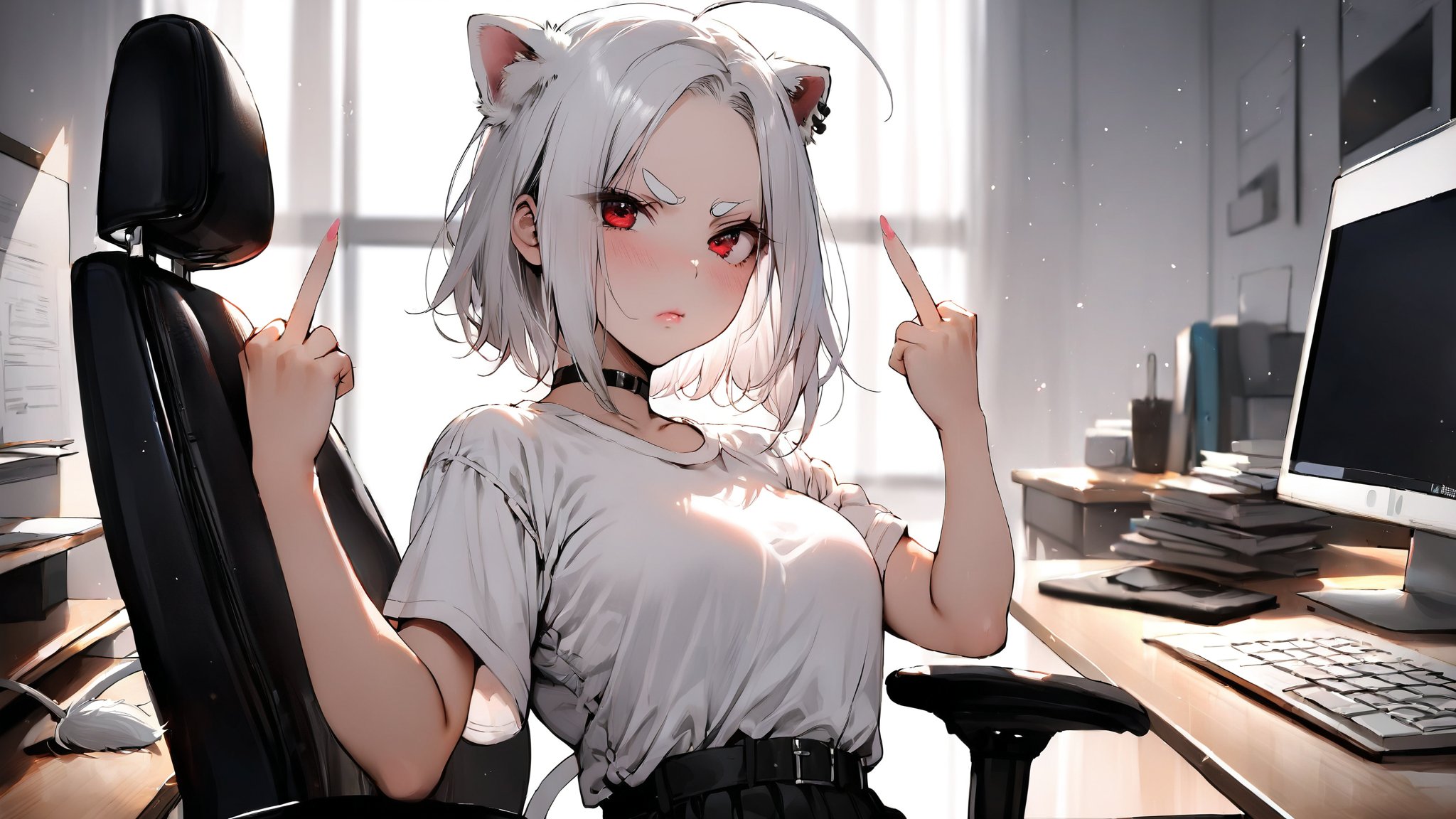 ((1girl)),red eyes,round ears,lion ear,lion tail,pink lips,white hair,white tail,white ears, parted side bangs,ahoge,show forehead, short hair ,masterpiece quality,black neck belt,white eyebrows,Thick eyebrows,
,white ponytail,,white shirt,black skirt,show shoulder,Wearing shirt,wearing skirt,

in a bad mood ,double middle finger,make fist ,straighten middle finger,looking viewer,

bedroom ,window background,Disdainful lips , upper body,Disdainful mouth,disdain mouth 
sitting on office chair,grim expression,squint eyes,

Eyes narrowed likes lines
