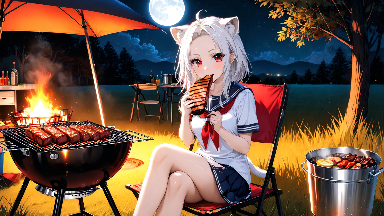 ((1girl)),red eyes,lion tail,lion ears,white hair,
forehead ,round ears,bangs,Biting meat
sitting on chair,looking the viewer,sailor uniform 
,,moon,grassland,chair on carpet,white T-shirt
 night background,,camping,tabby cat of near,
BBQ,smokey,eat meat,barbecue grill,ice bucket,

ahoge,  tree, chair,black short,conspicuous forehead
visible forehead
,ultra HD, ultra high resolution