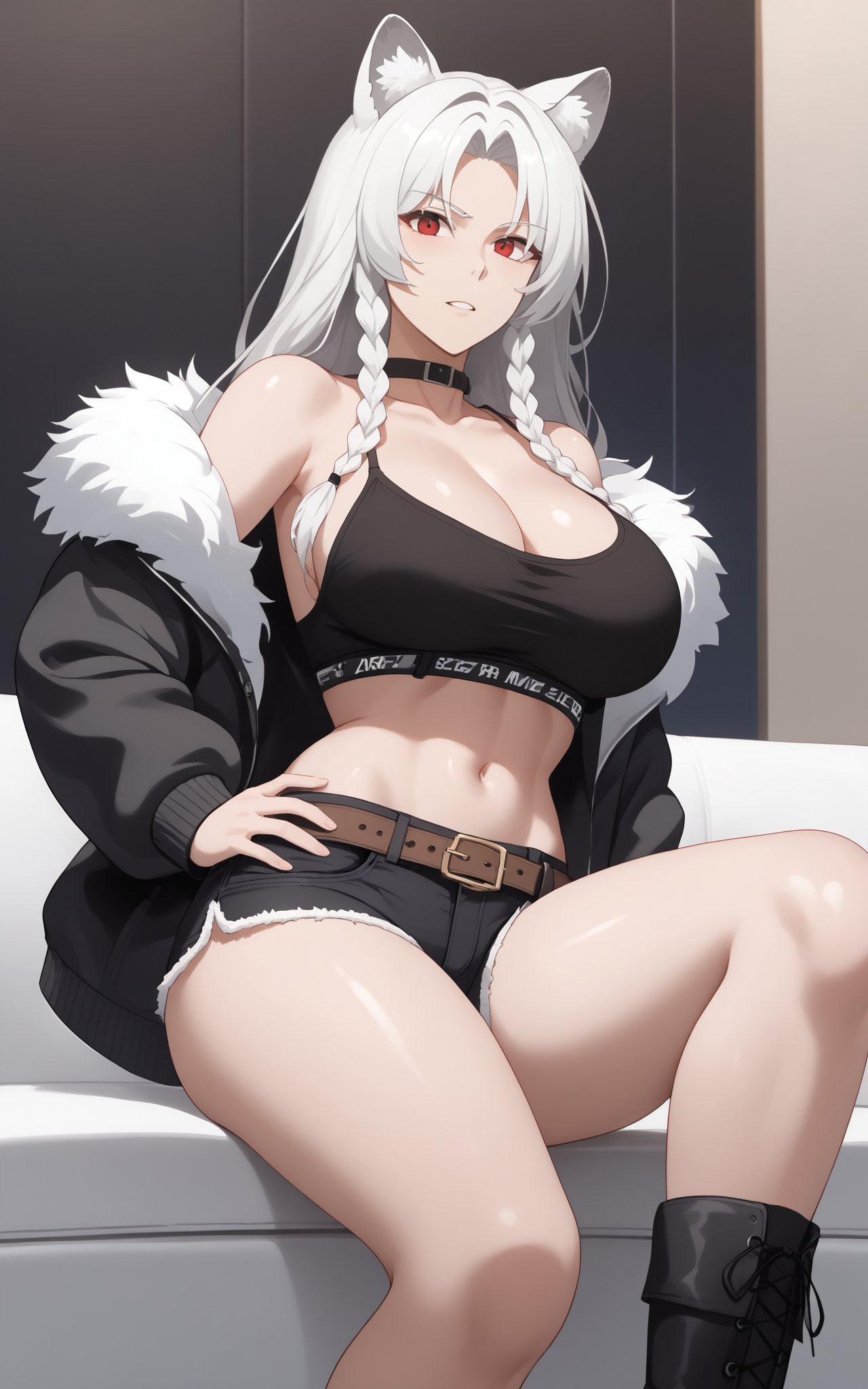 1girl, solo, long hair, looking at the audience, bangs, red eyes, bare shoulders, collarbone, upper body, braids, ahoge,sliver white hair, parted lips, collar, choker, animal ear hair, parted bangs, single Braids, black choker, thick eyebrows, black collar, white eyebrows, long hair, big breasts, big breasts, exposed navel, cleavage,
Long socks, long sleeves, midriff exposed, extra long hair, underwear, sitting on chair, briefs, jacket, tail, thighs, boots, cardigan, shorts, mid-rise, belt, black high socks, tummy control, black footwear, High heels, cardigan, black jacket, crop top, hands on hips, shorts, boots, high socks, garters, black shorts, knee-high boots, single high socks, high heel boots, high briefs, stockings, Leopard print shoulders, long hair, collarbone, braids, white hair, cardigan, off the shoulders, belly, coat, fur trim, cardigan, black coat, round lion ears,
bedroom,legs crossed,one eye closed,