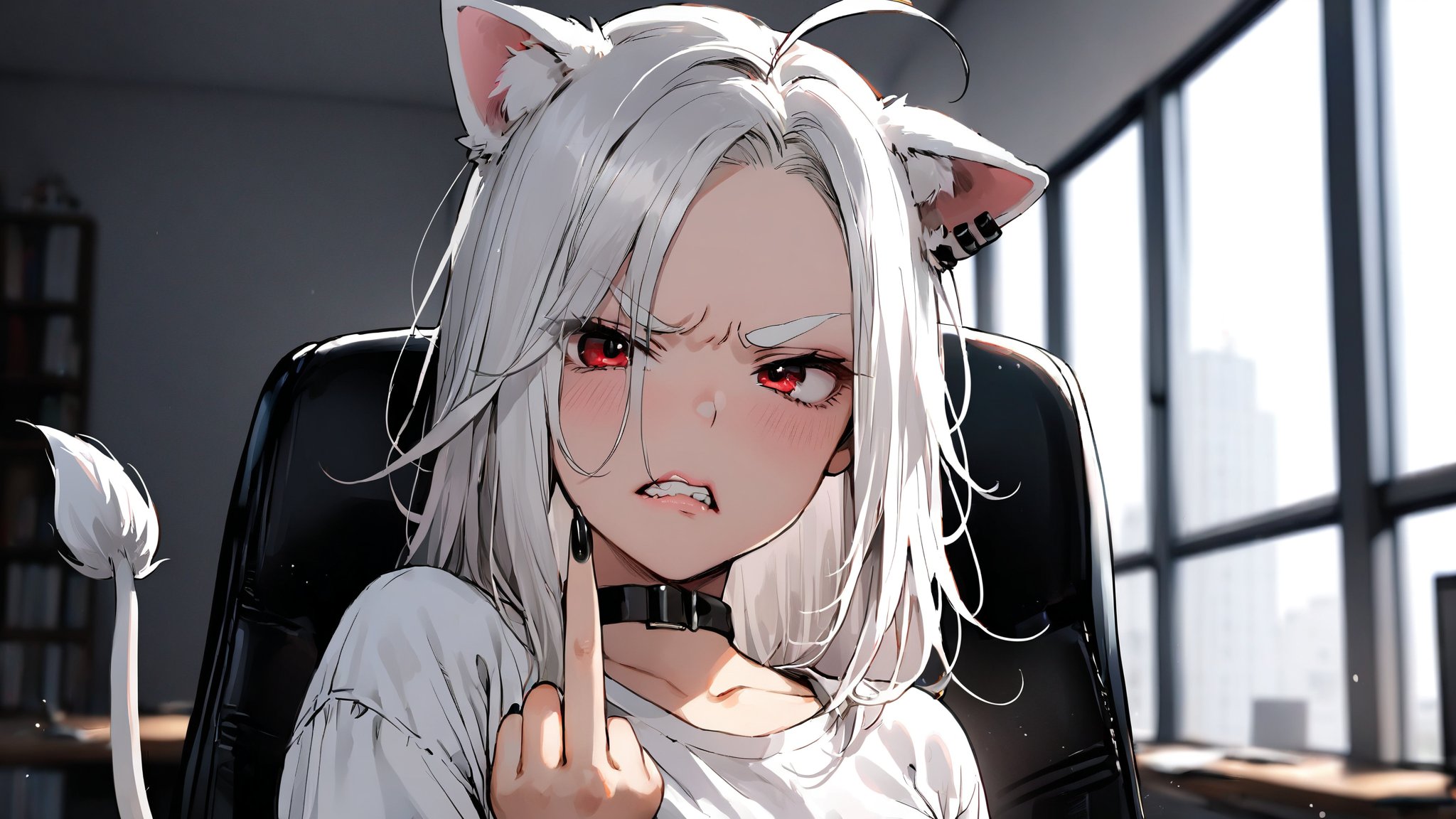 ((1girl)),red eyes,round ears,lion ear,lion tail,pink lips,white hair,white tail,white ears, parted side bangs,ahoge,show forehead,  hair ,masterpiece quality,black neck belt,white eyebrows,Thick eyebrows,
,white ponytail,,white shirt,show shoulder,Wearing shirt,

in a bad mood , middle finger,make fist ,straighten middle finger,looking viewer,close-up,black nails

bedroom ,window background,Disdainful lips , upper body,Disdainful mouth,Show teeth,, 
sitting on office chair,grim expression,squint eyes,

Eyes narrowed likes lines
