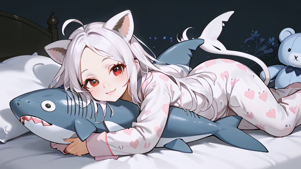 ((1girl)),smile,red eyes,round ears,lion ear,lion tail,pink lips,white hair,white tail,white ears, parted side bangs,ahoge,show forehead, long hair ,masterpiece quality.



,
white pajamas, night light, dim background,lying,holding whole shark plush toy in the arms,,
bedroom,
,shark plush toy,
,