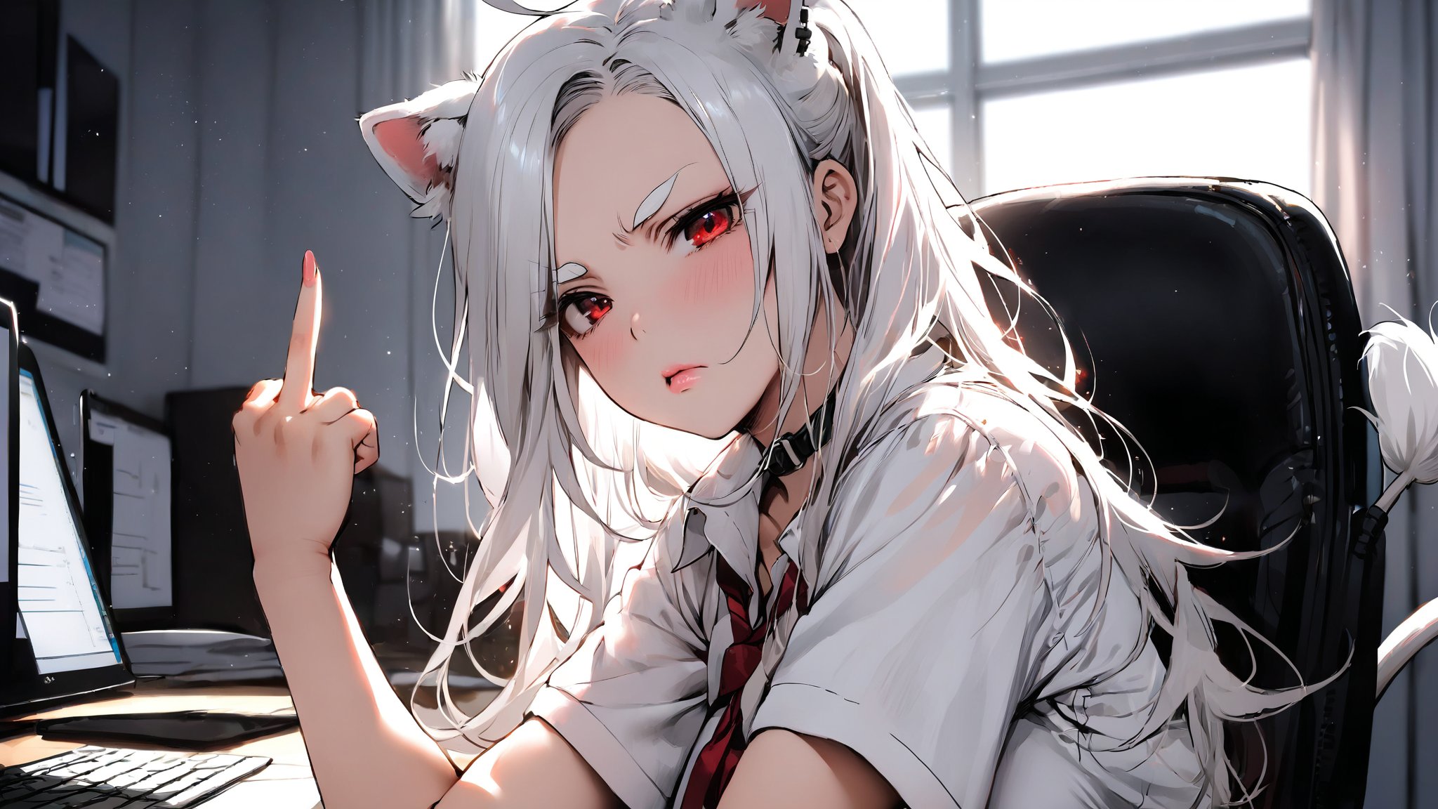 ((1girl)),red eyes,round ears,lion ear,lion tail,pink lips,white hair,white tail,white ears, parted side bangs,ahoge,show forehead, long hair ,masterpiece quality,black neck belt,white eyebrows,Thick eyebrows,
,white ponytail,,white shirt,black skirt,show shoulder,Wearing shirt,wearing skirt,

in a bad mood , middle finger,make fist ,straighten middle finger,looking viewer,

bedroom ,window background,Disdainful lips , upper body,Disdainful mouth,disdain mouth 
sitting on office chair,grim expression,squint eyes,

Eyes narrowed likes lines
