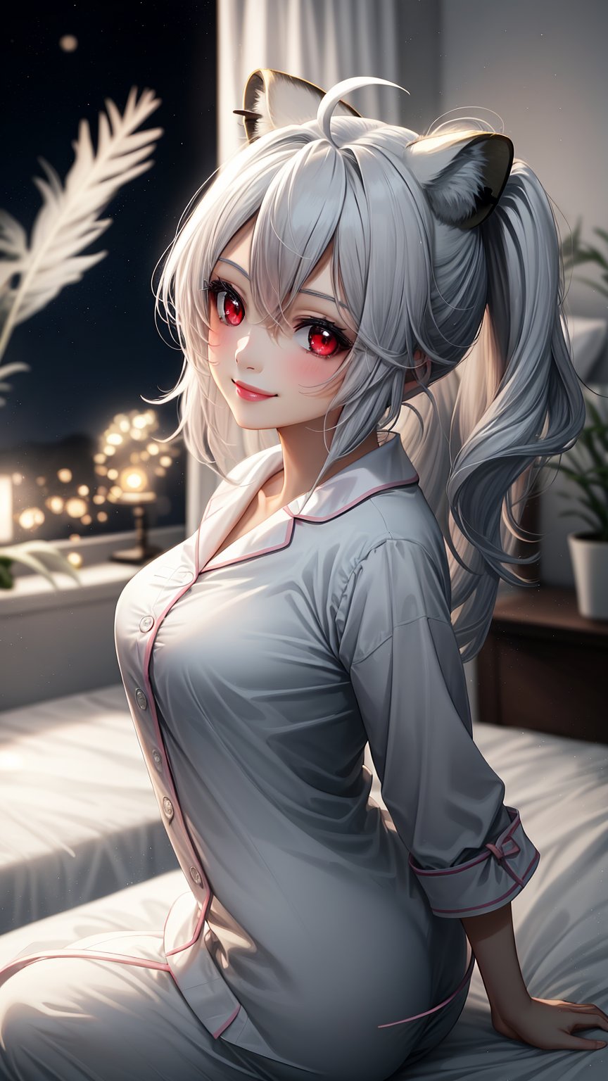 1girl,smile,red eyes,round ears,lion ear,lion tail,pink lips,white hair,white tail,white ears, parted side bangs,ahoge,show forehead, Twin ponytails,






pajamas, night light, dim background,sitting on bed,
bedroom,