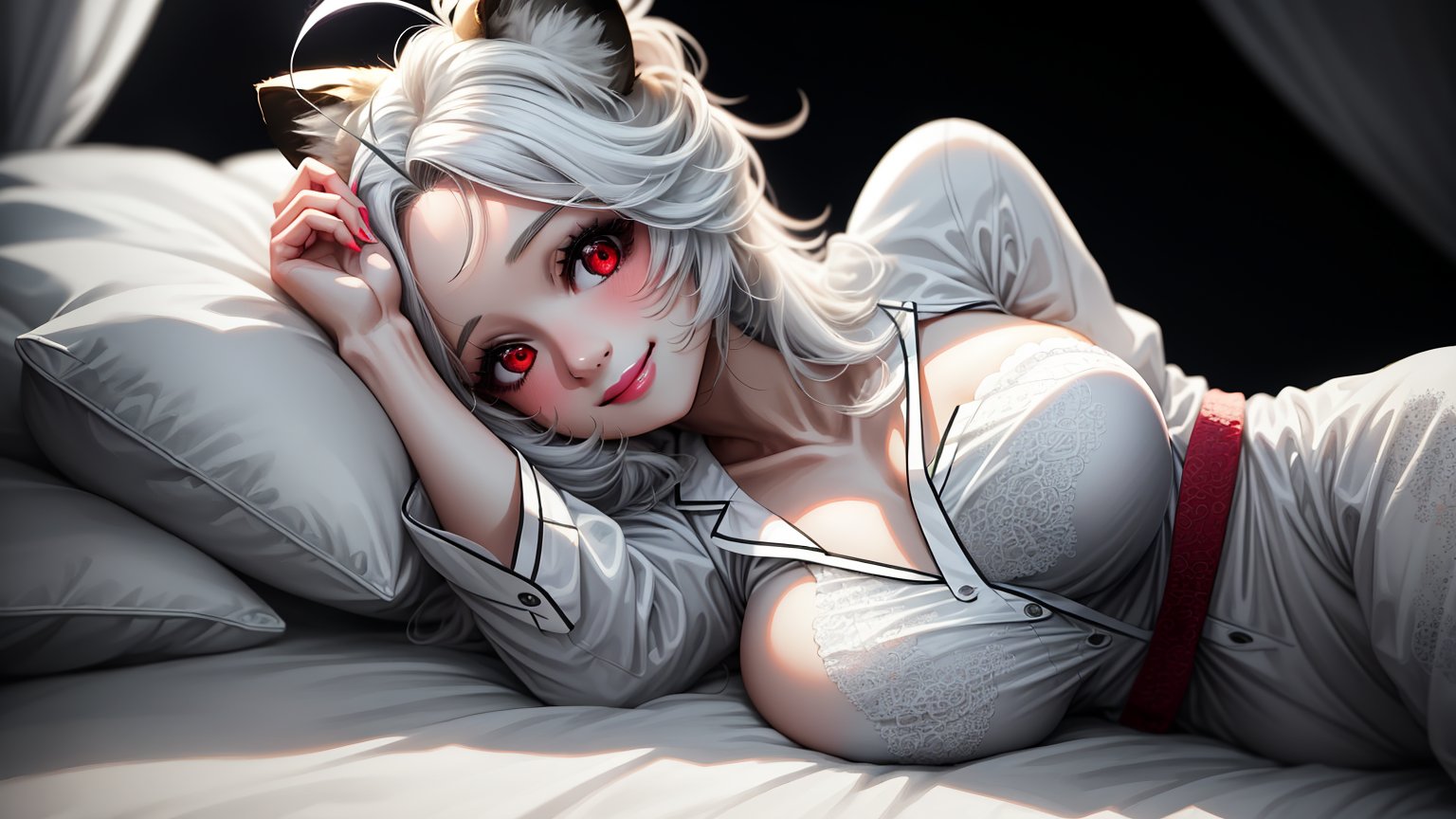 ((1girl)),smile,red eyes,round ears,lion ear,lion tail,pink lips,white hair,white tail,white ears, parted side bangs,ahoge,show forehead, Twin ponytails,
big breasts, 





Transparent pajamas,red pajamas, night light, dim background,sitting on bed,
bedroom,